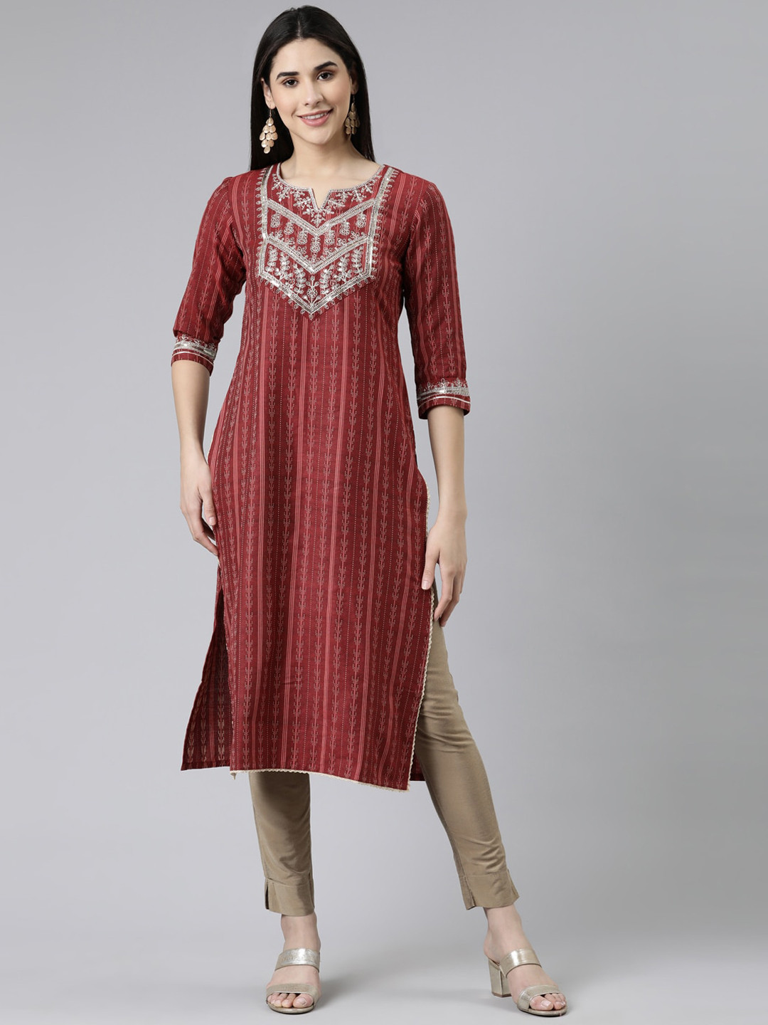 

Neerus Striped Sequinned Cotton Kurta, Maroon