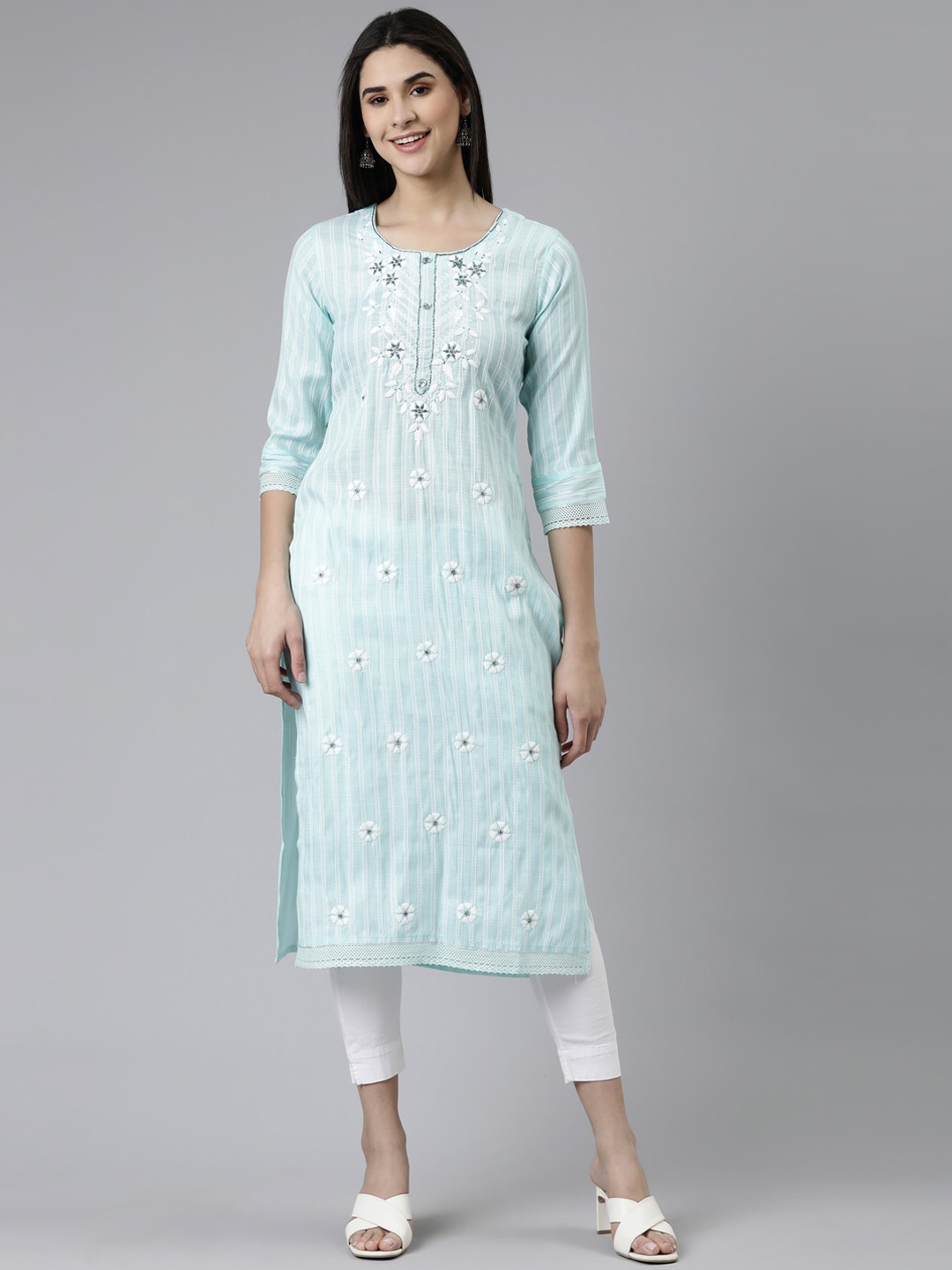 

Neerus Striped Thread Work Kurta, Sea green