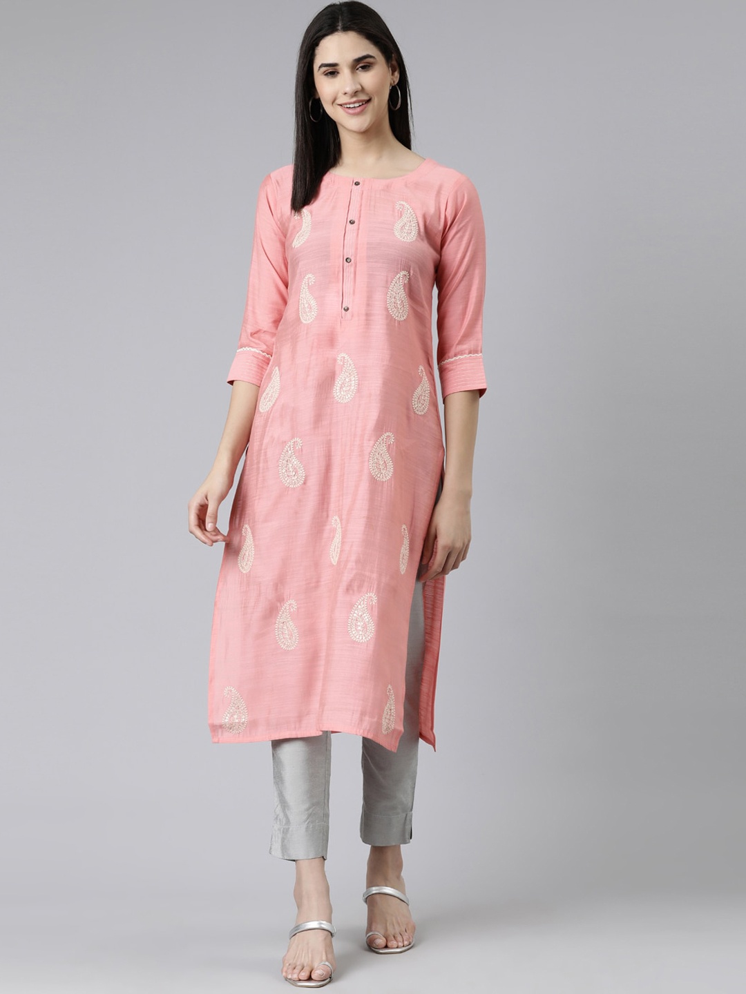 

Neerus Paisley Sequinned Embroidered Kurta, Pink