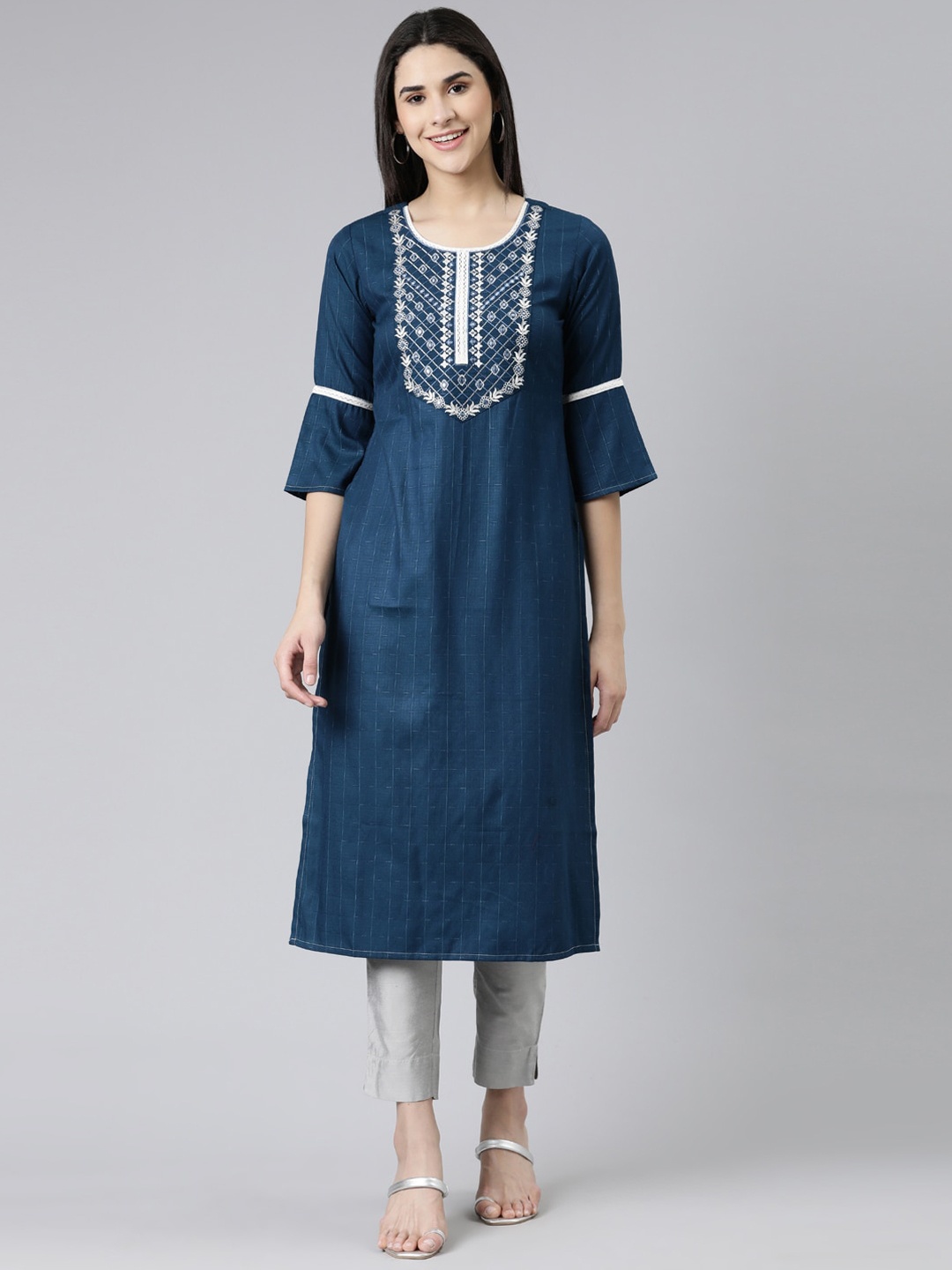 

Neerus Floral Yoke Design Bell Sleeves Thread Work Cotton Kurta, Blue