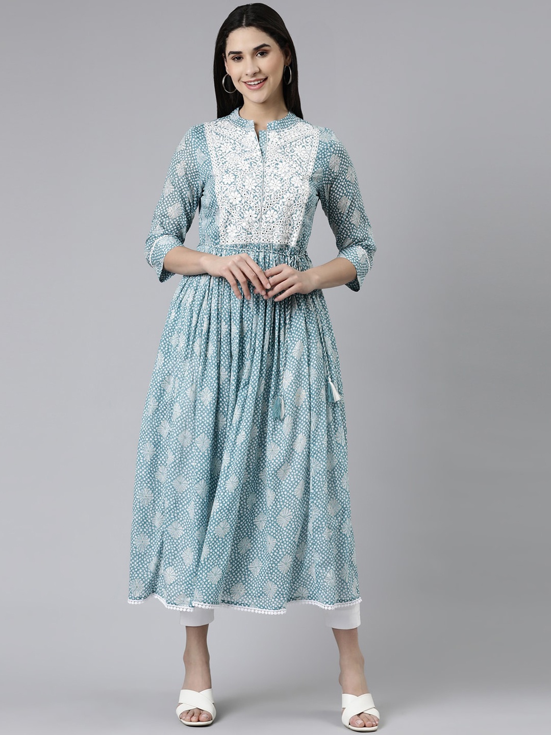 

Neerus Floral Embroidered Mirror Work Pure Cotton Anarkali Kurta, Blue