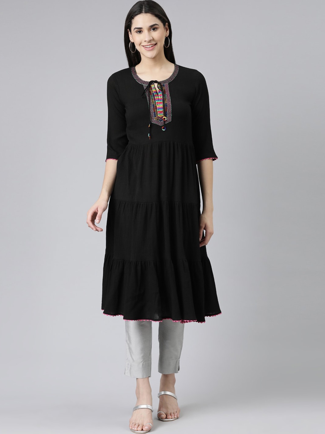 

Neerus Tie-Up Neck A-Line Kurta, Black