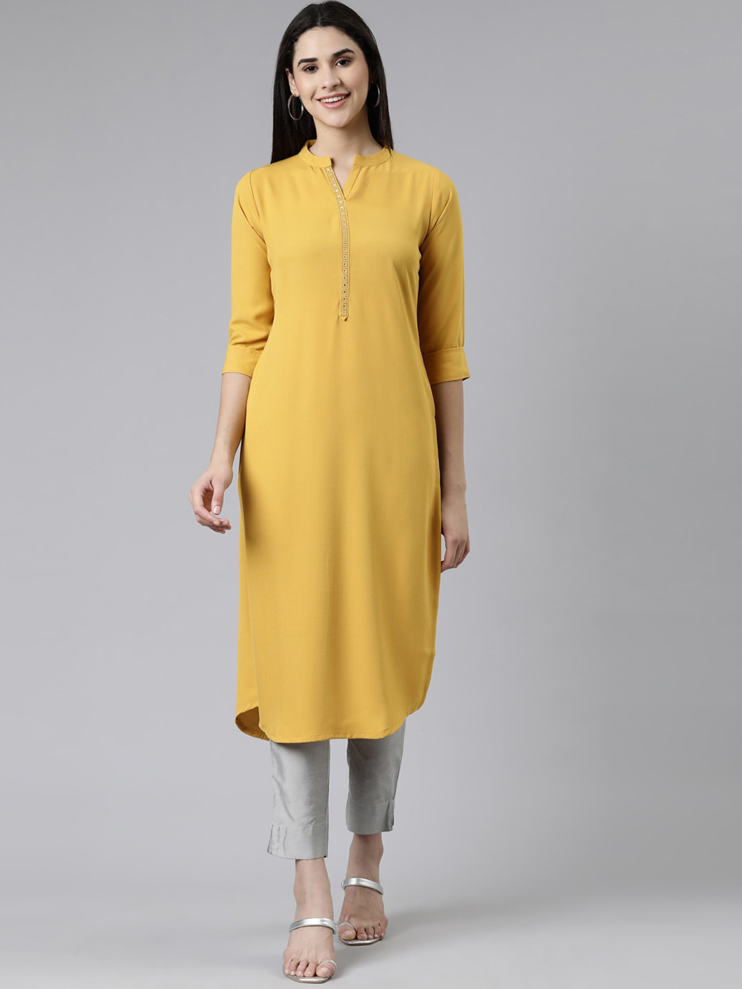 

Neerus Beads And Stones Mandarin Collar Pure Cotton Kurta, Mustard