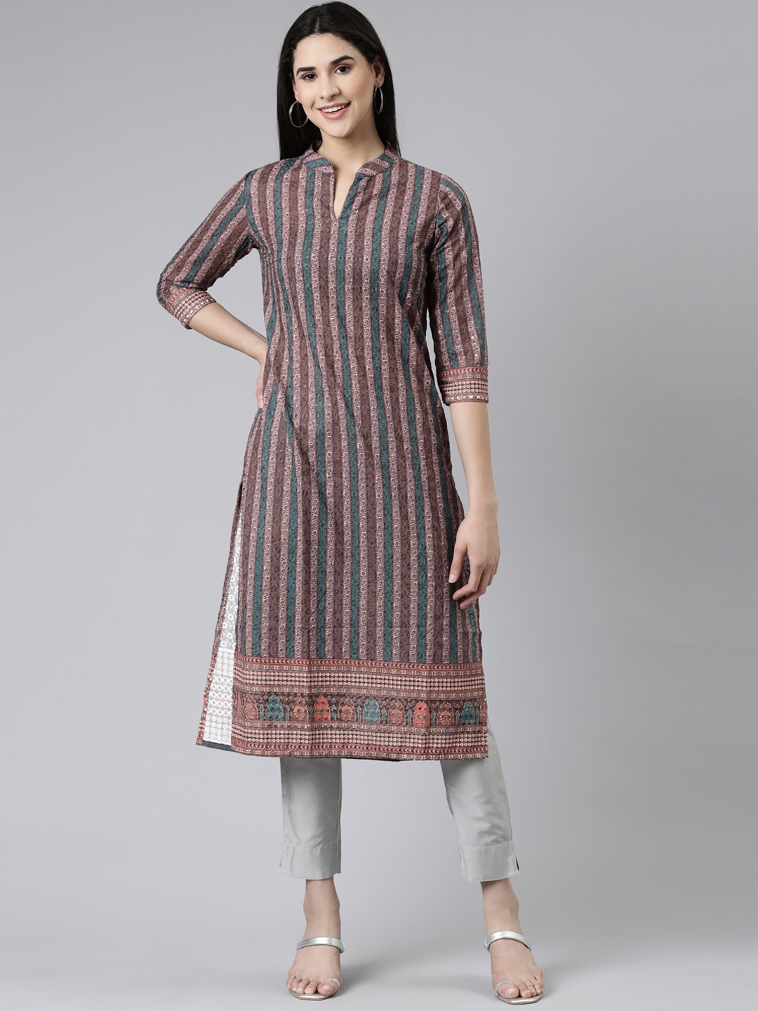 

Neerus Embroidered Striped Thread work Kurta, Brown