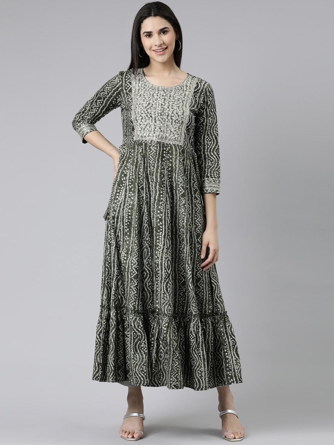 

Neerus Bandhani Printed Thread Work Cotton Anarkali Kurta, Olive