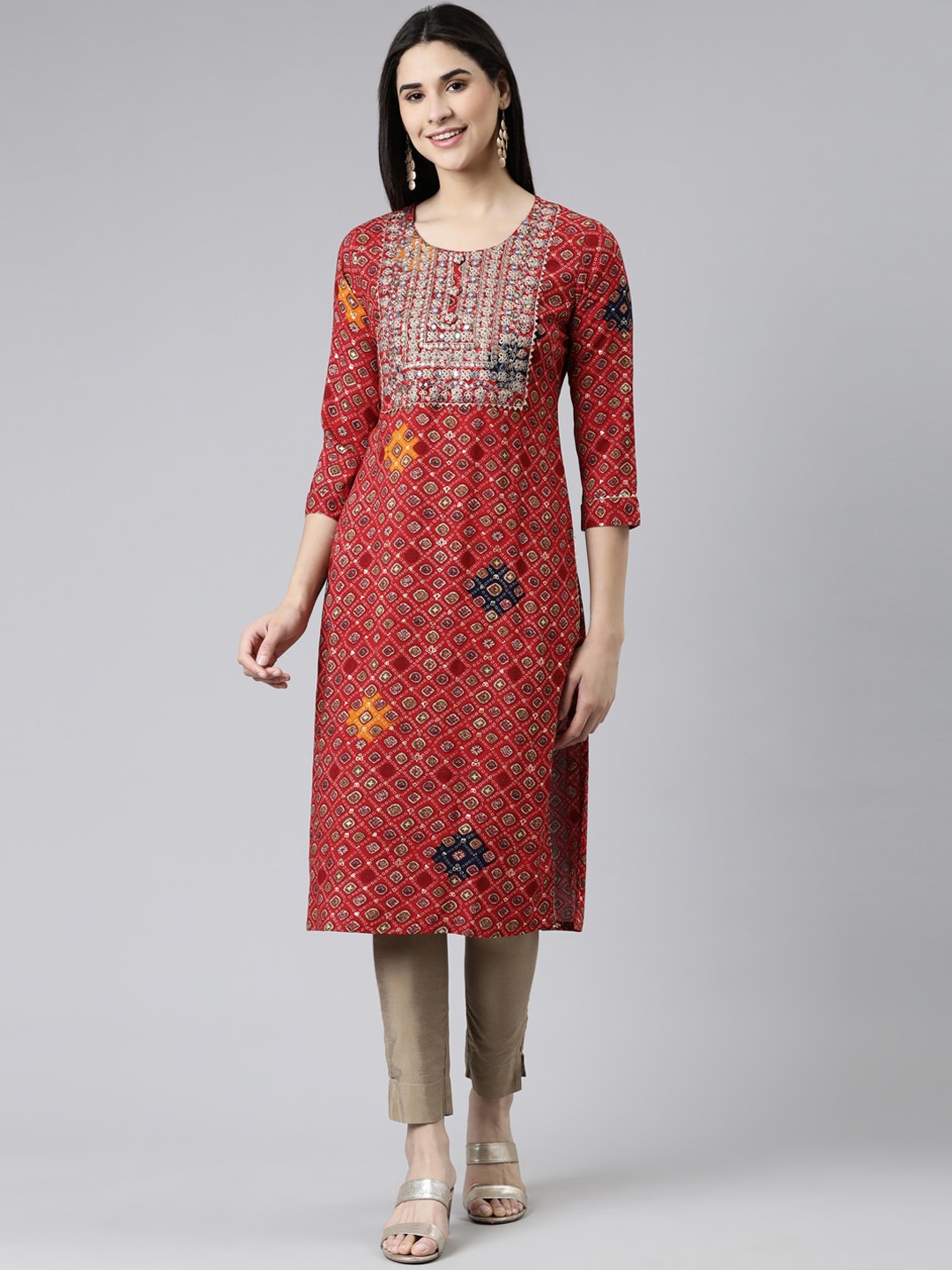 

Neerus Bandhani Printed Embellished Pure Cotton Straight Kurta, Red