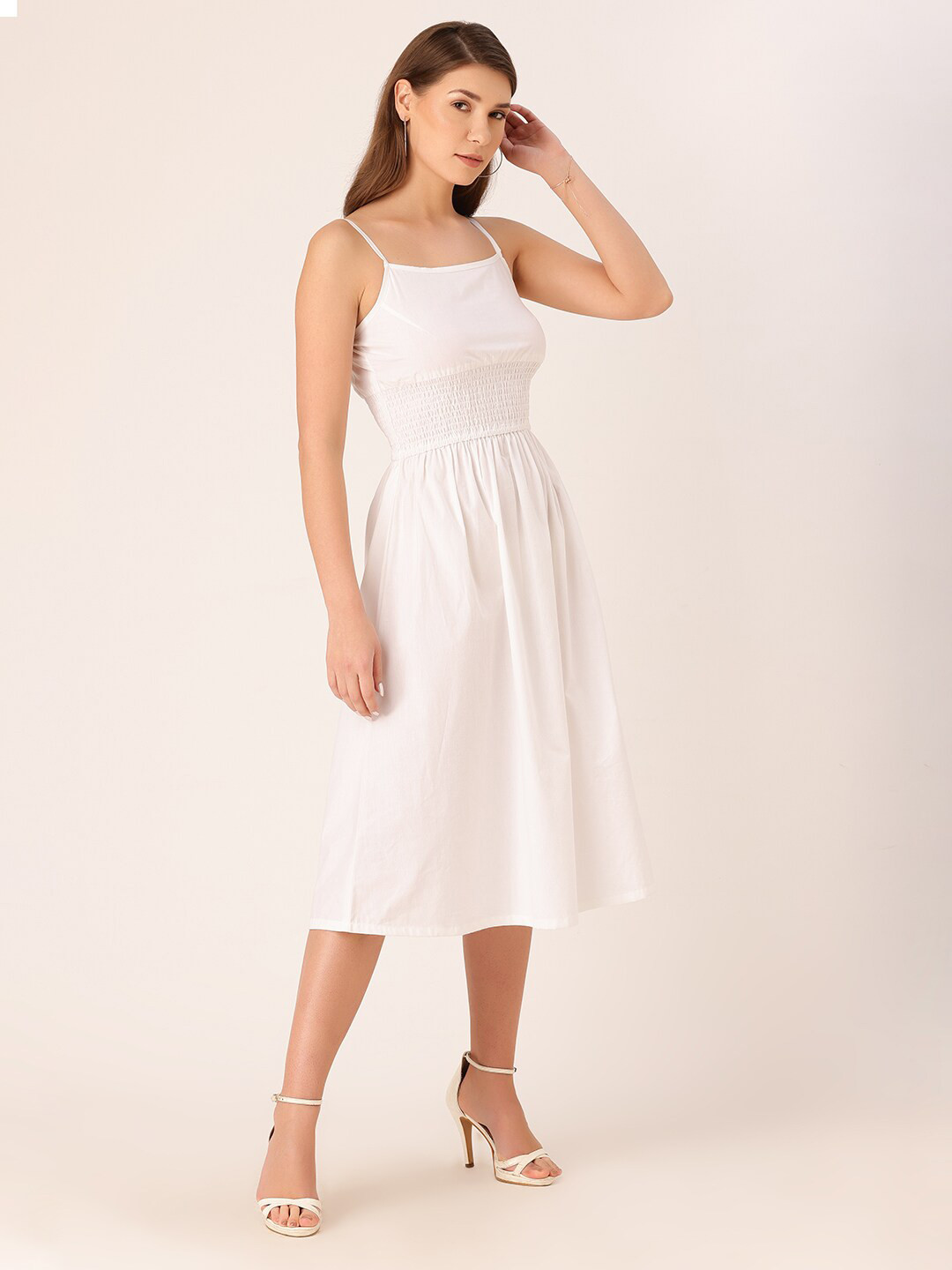

DressBerry Shoulder Strap Smocked A-Line Midi Dress, White