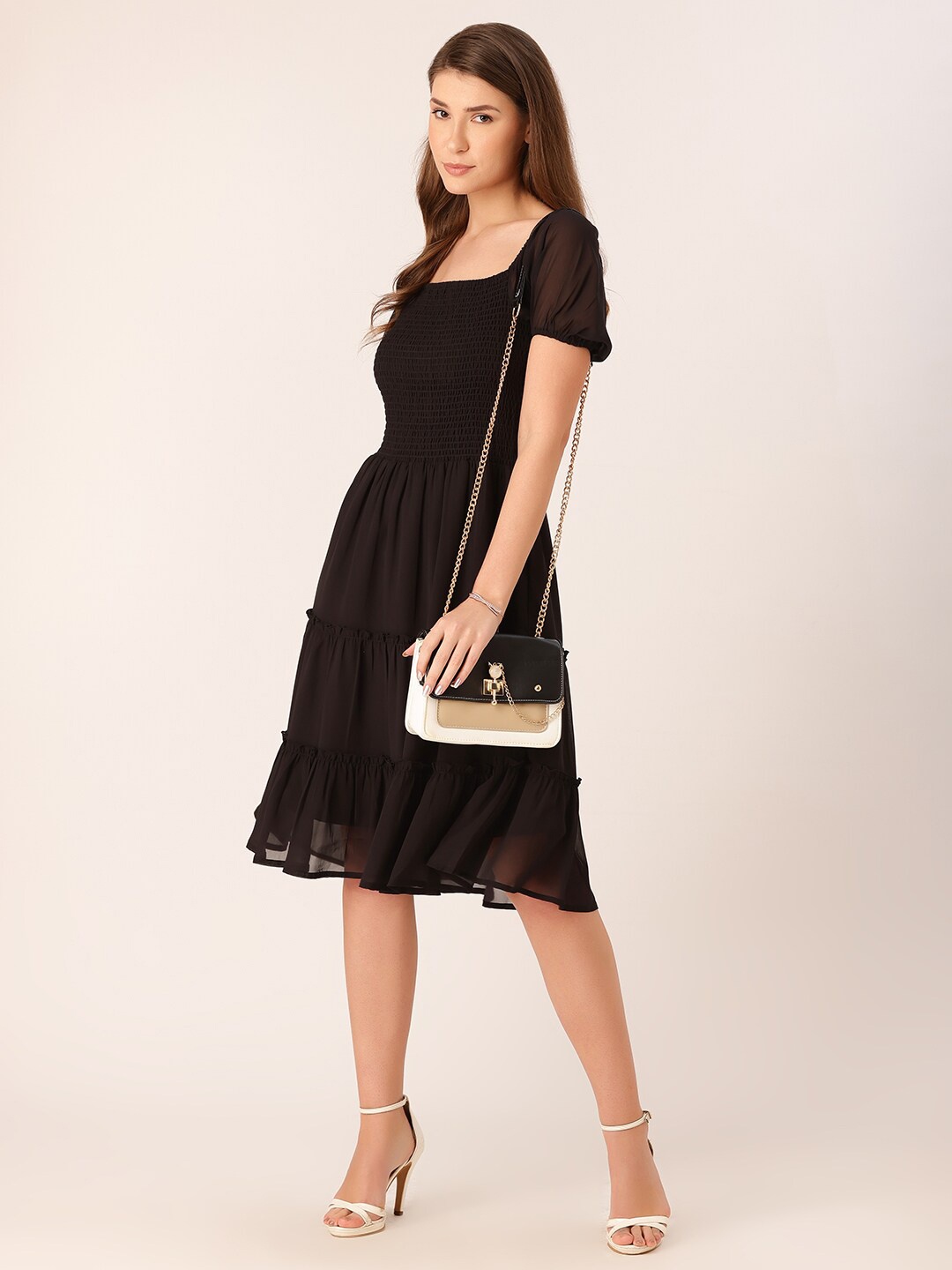 

DressBerry Square Neck Puff Sleeves Georgette A-Line Dress, Black