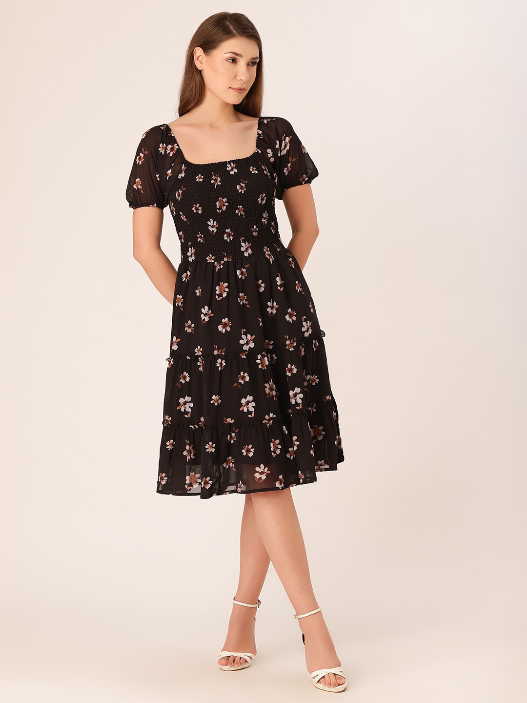 

DressBerry Floral Printed Square Neck Smocked Georgette A-Line Dress, Black