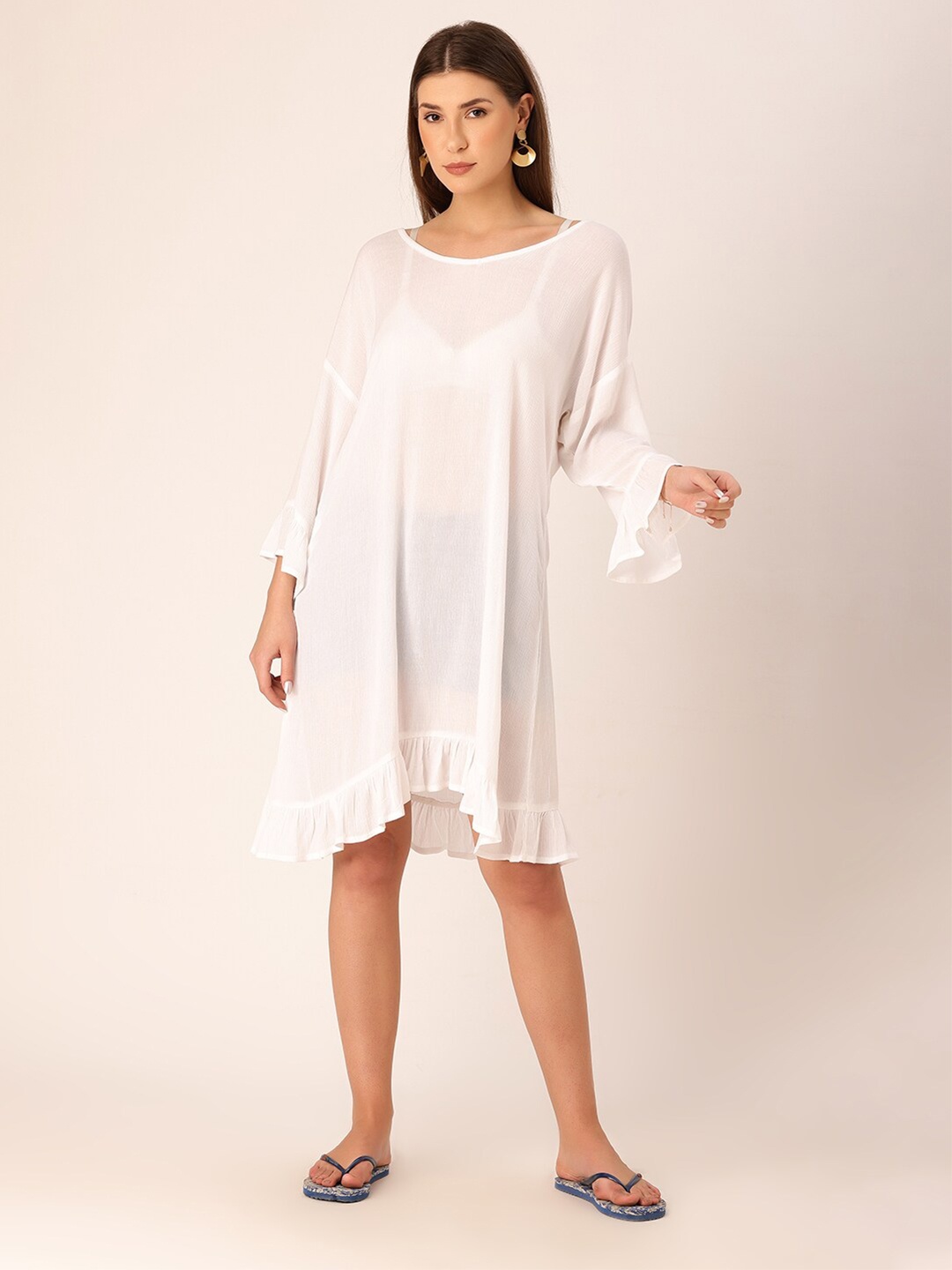 

DressBerry V Neck Bell Sleeves Crepe A-Line Dress, White