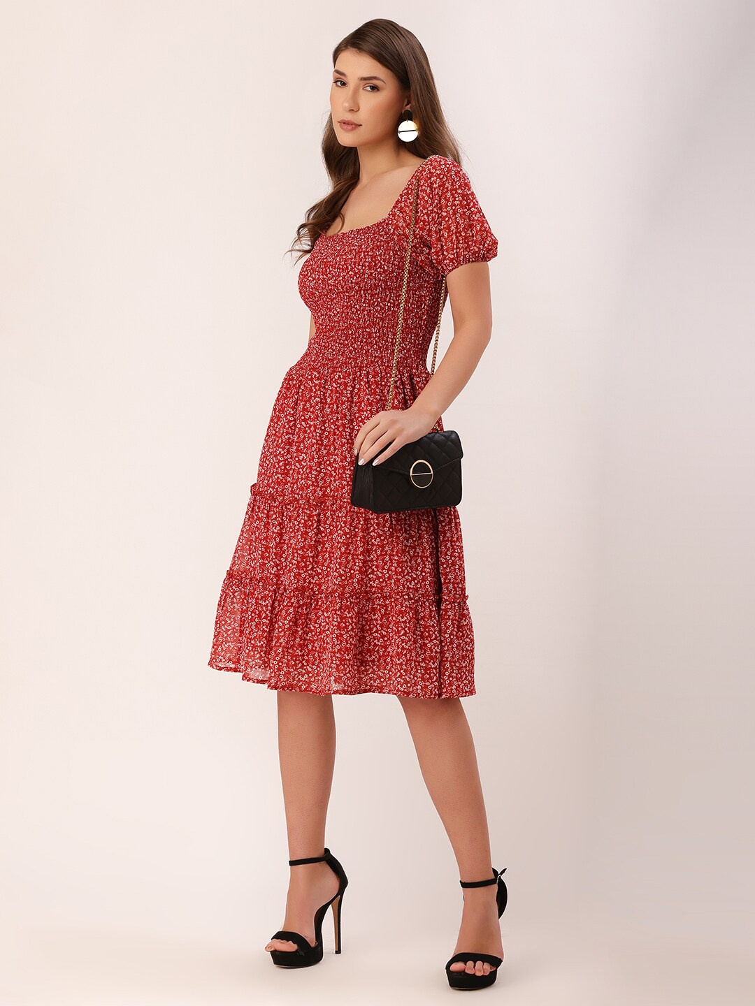 

DressBerry Floral Printed Square Neck Smocked Georgette A-Line Dress, Red