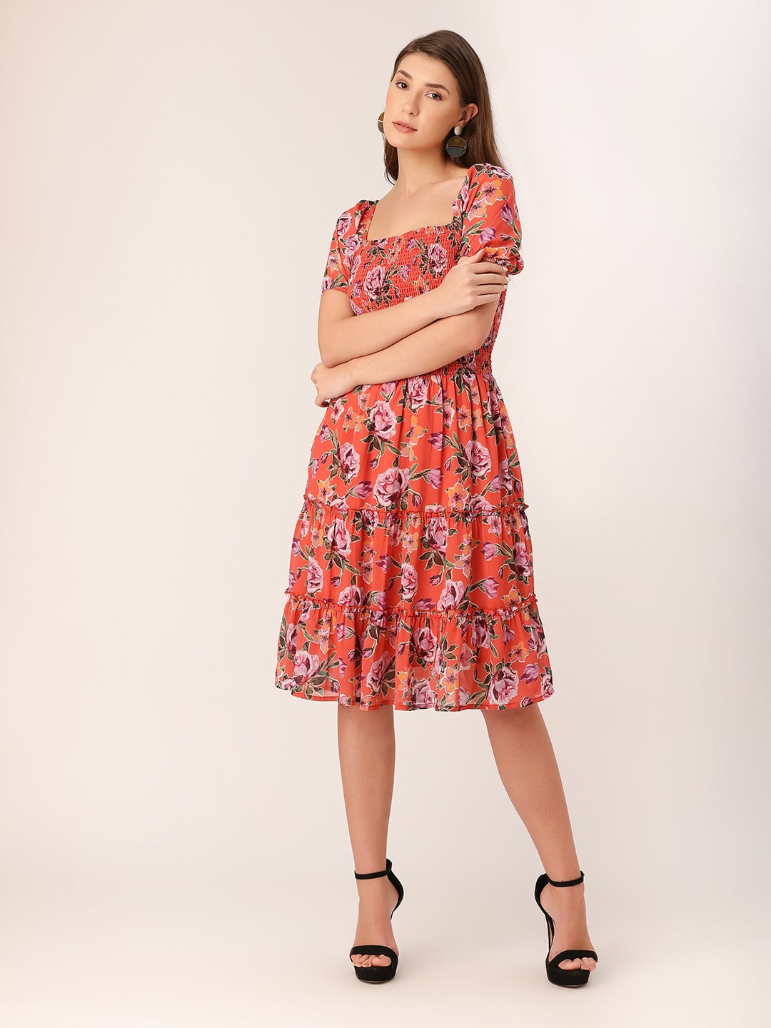 

DressBerry Smocked Floral Printed Georgette Dress, Orange