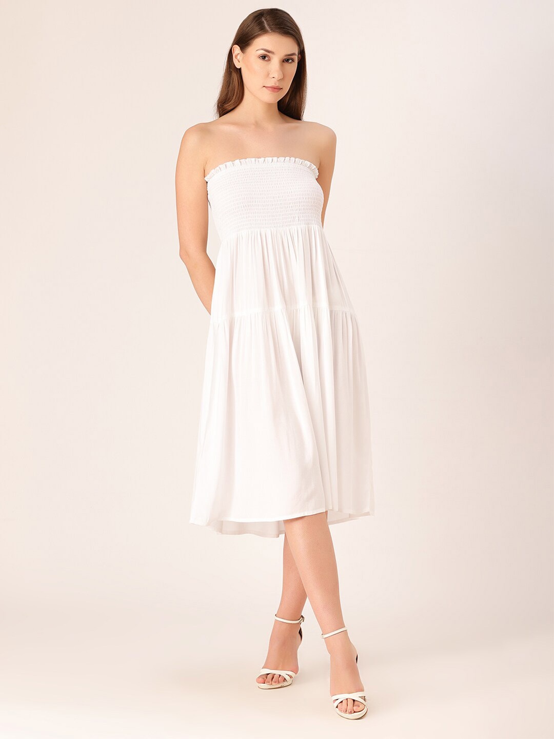 

DressBerry Smocked Strapless Midi A-Line Dress, White