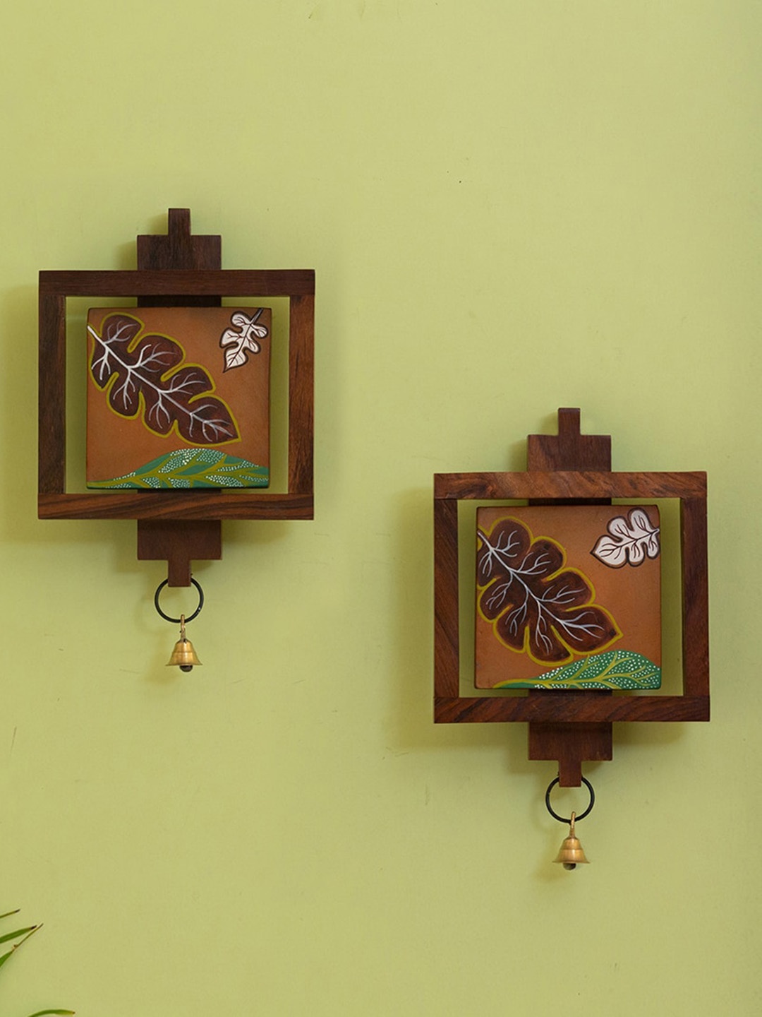 

ExclusiveLane Shades of a Leaf 2 Pcs Brown & Mustard Yellow Printed Hanging Wooden Wall Decor