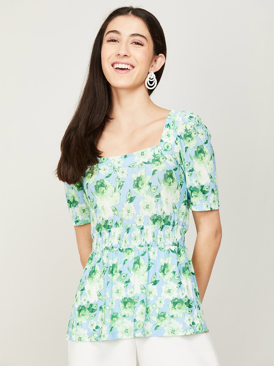 

CODE by Lifestyle Floral Print Cinched Waist Top, Green