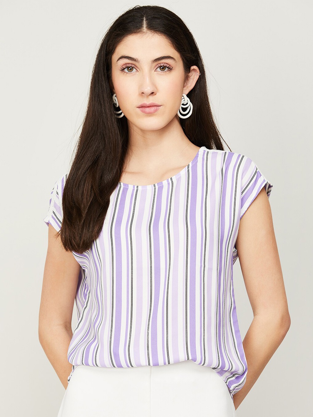 

Fame Forever by Lifestyle Striped Lace Inserted Top, White
