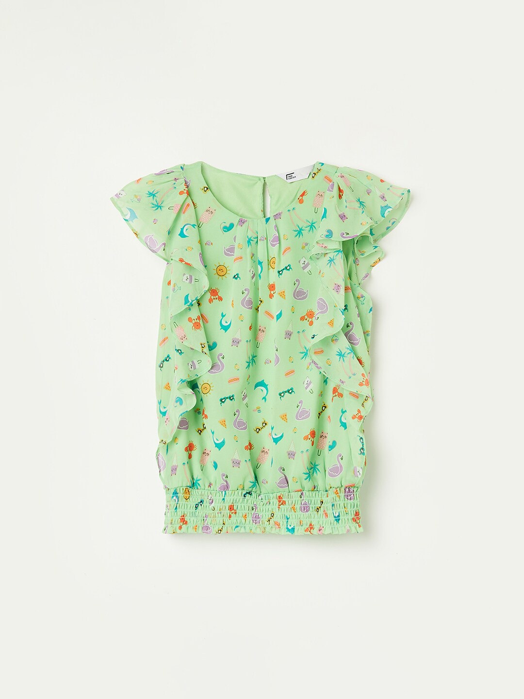 

Fame Forever by Lifestyle Girls Conversational Printed Ruffles Blouson Top, Green
