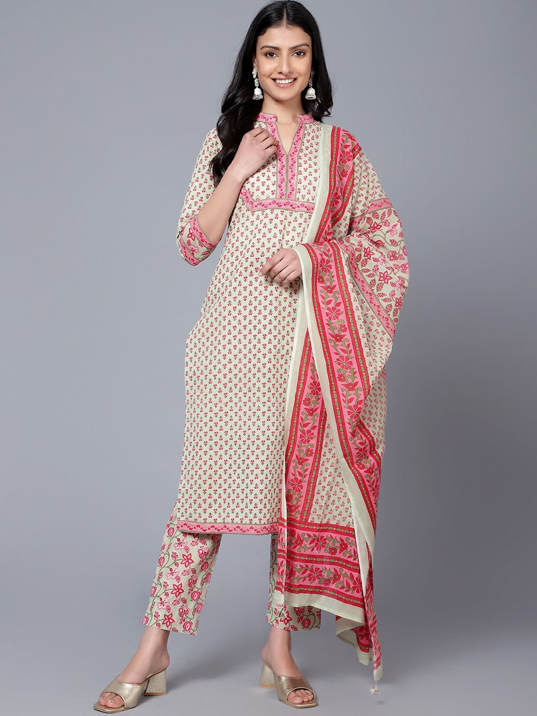 

Bani Women Band Collar Floral Printed Pure Cotton Kurta With Trousers & Dupatta, Off white