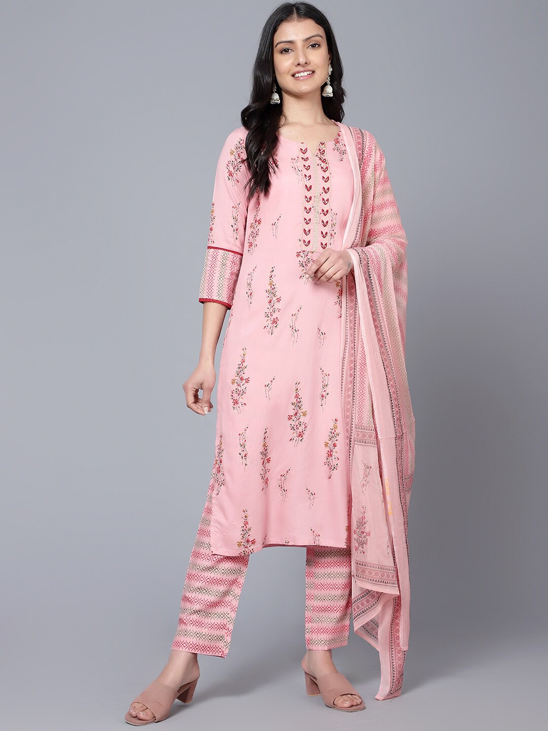 

Bani Women Floral Printed Thread Work Liva Kurta with Trousers & Dupatta, Pink