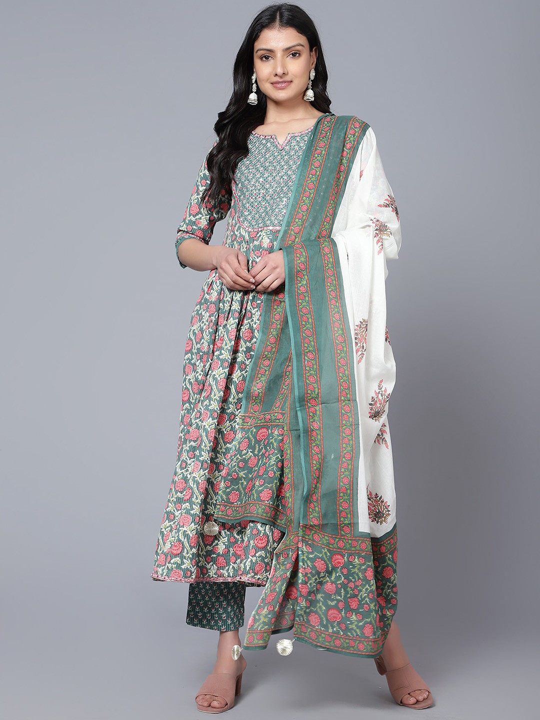 

Bani Women Floral Printed Pleated Sequinned Pure Cotton Kurta with Trousers & Dupatta, Green
