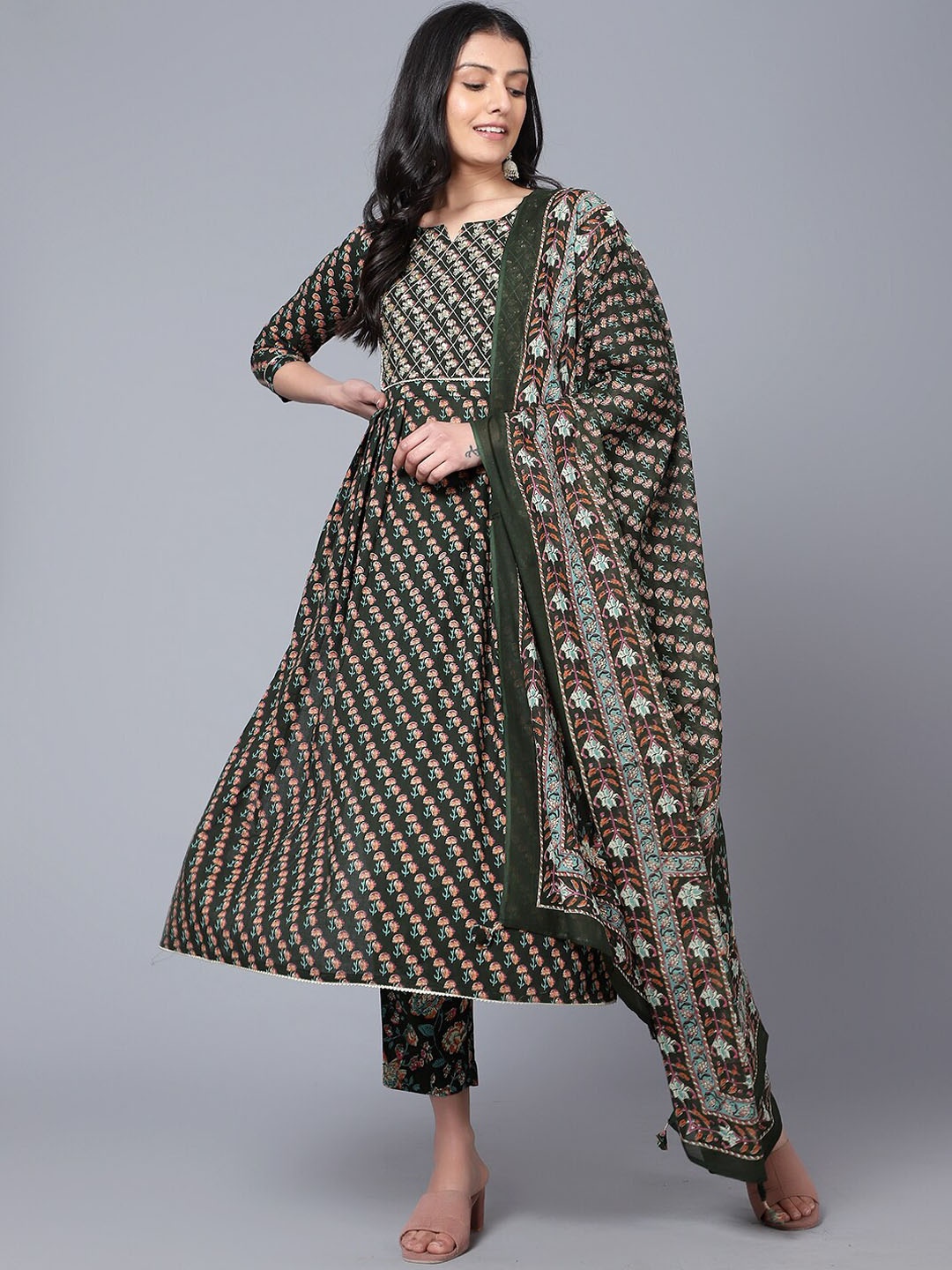 

Bani Women Ethnic Print Printed Pleated Sequinned Cotton Kurta with Trousers & Dupatta, Green