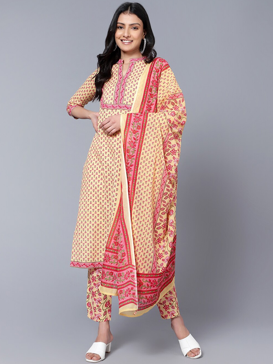 

Bani Women Printed Pure Cotton Kurta with Trousers & Dupatta, Yellow