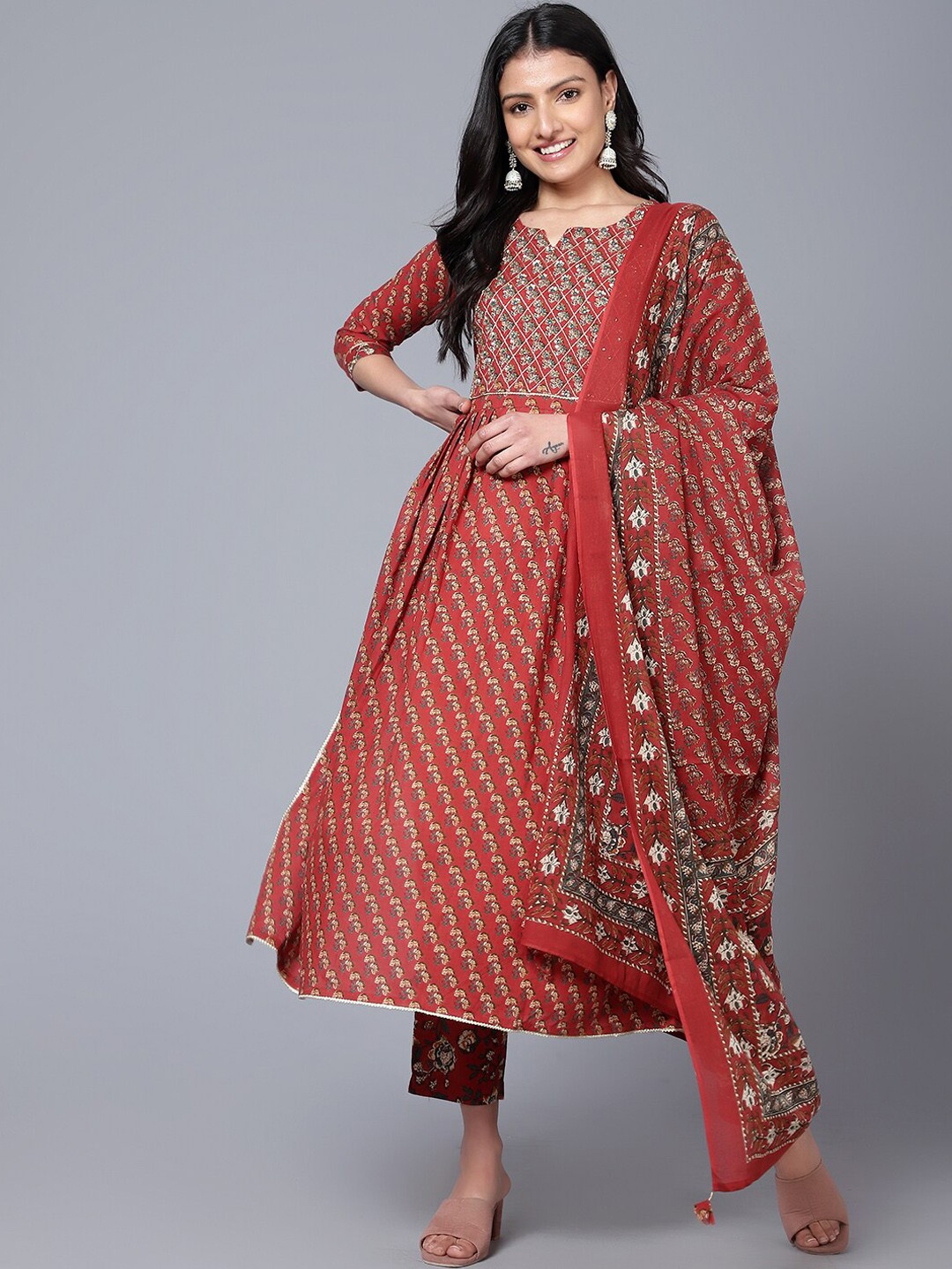 

Bani Women Ethnic Motifs Printed Embroidered Pure Cotton Kurta with Trousers & Dupatta, Rust