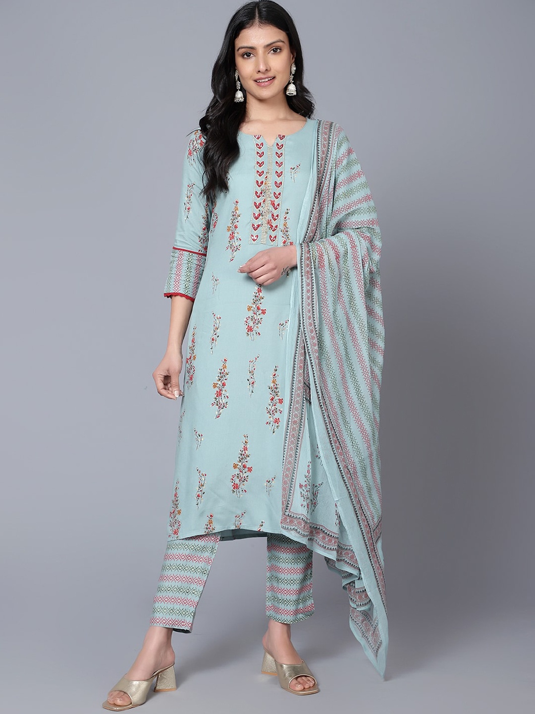 

Bani Women Floral Printed Notch Neck Thread Work Liva Kurta with Trousers & Dupatta, Sea green