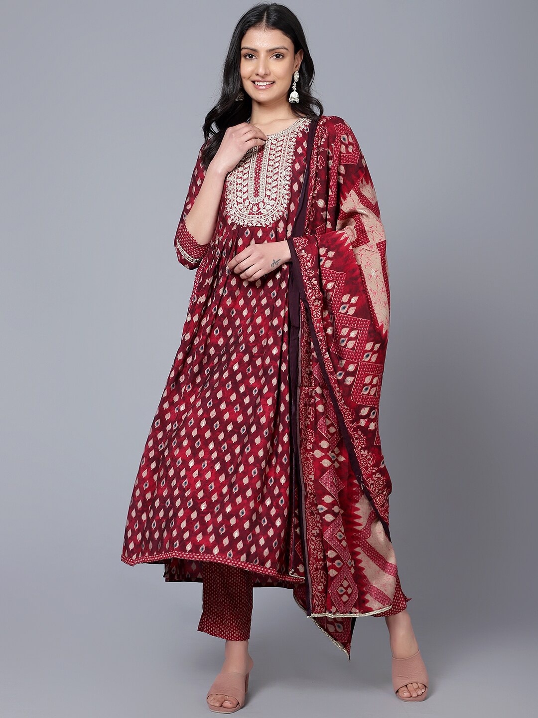 

Bani Women Ethnic Motif Printed Thread Work A-Line Kurta with Trousers & Dupatta, Maroon