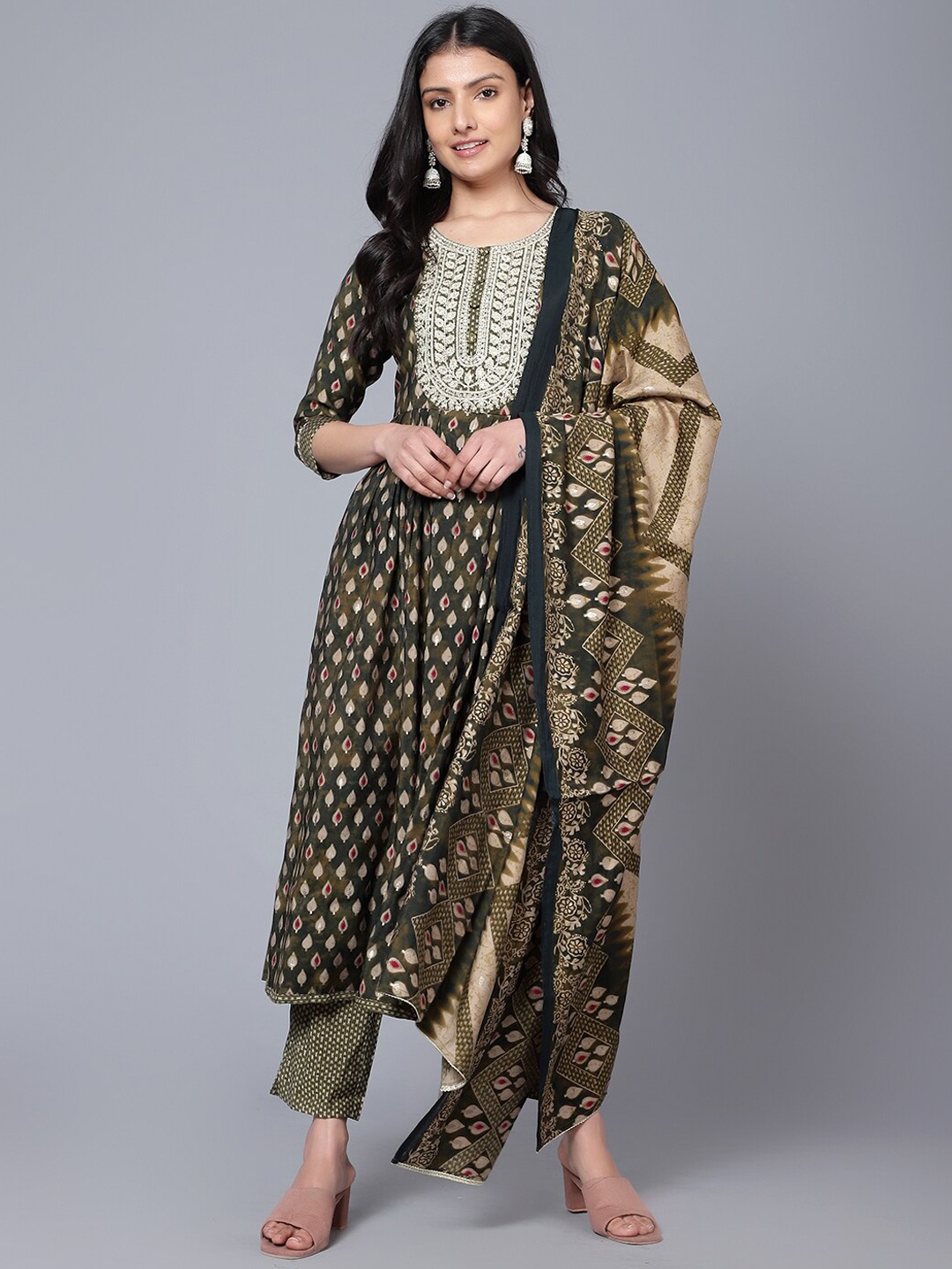 

Bani Women Ethnic Motif Printed Thread Work A-Line Kurta with Trousers & Dupatta, Green