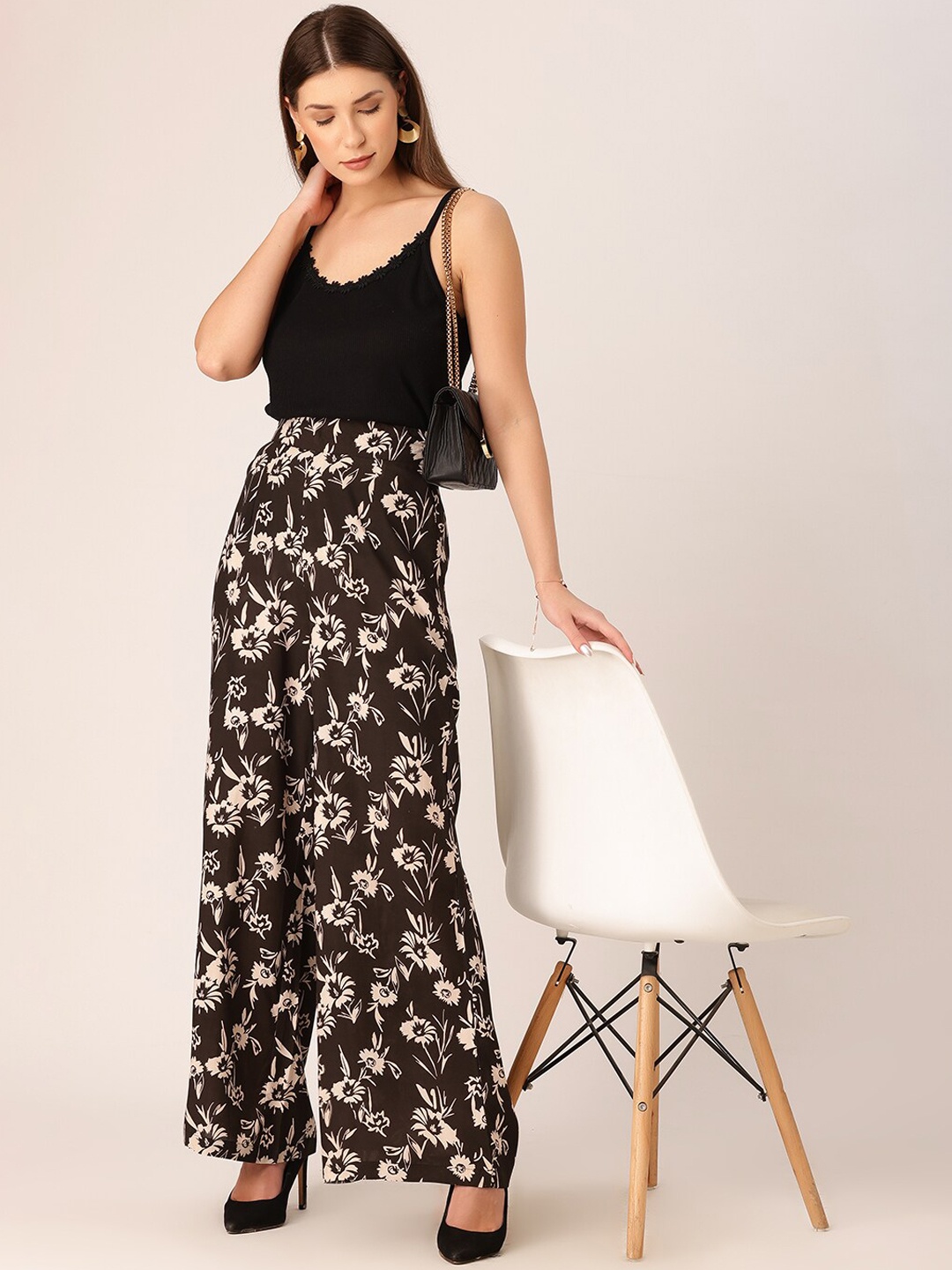 

DressBerry Women Floral Printed High-Rise Flared Palazzos, Black