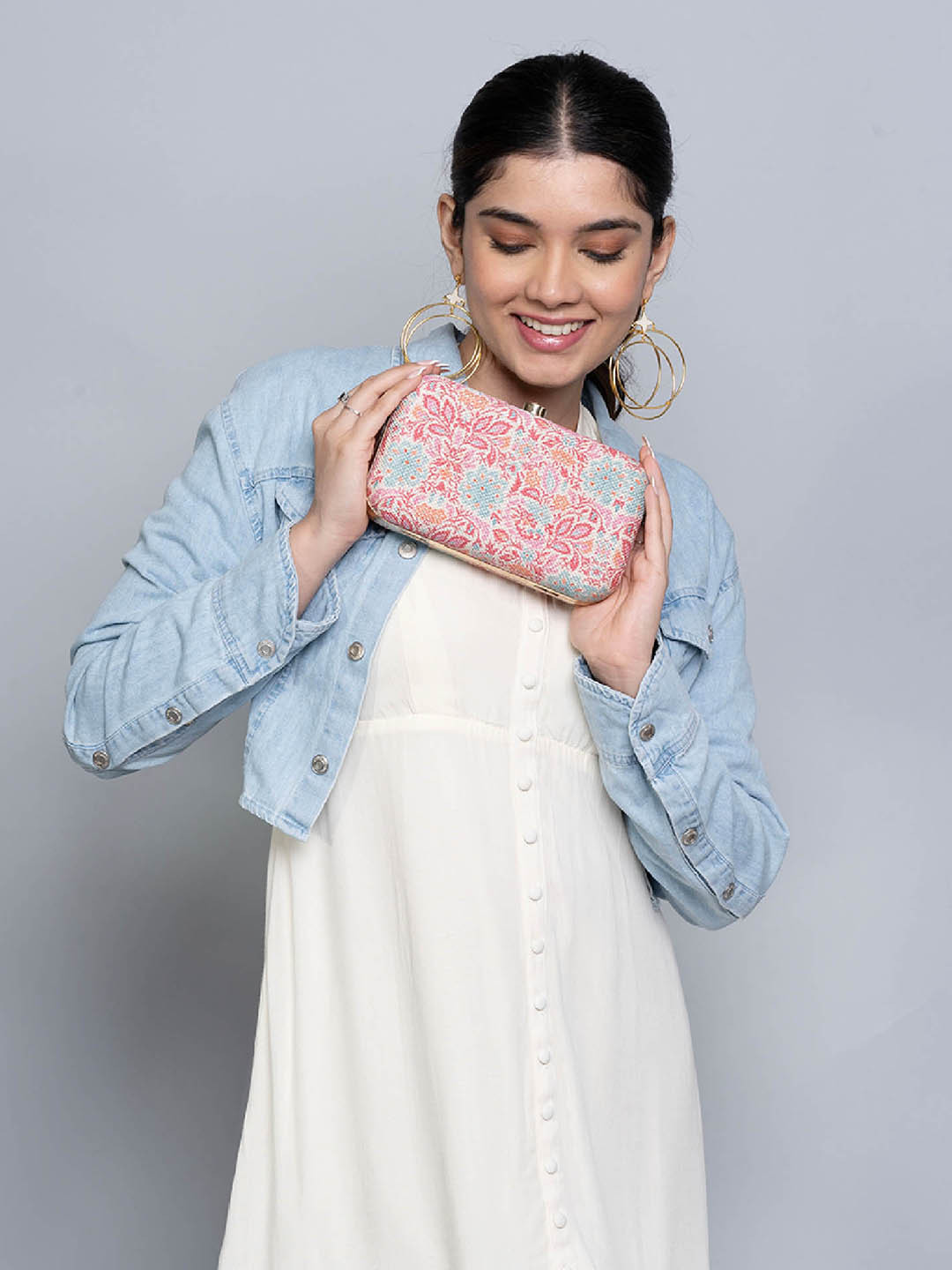 

ZOUK Floral Printed Box Clutch, Beige