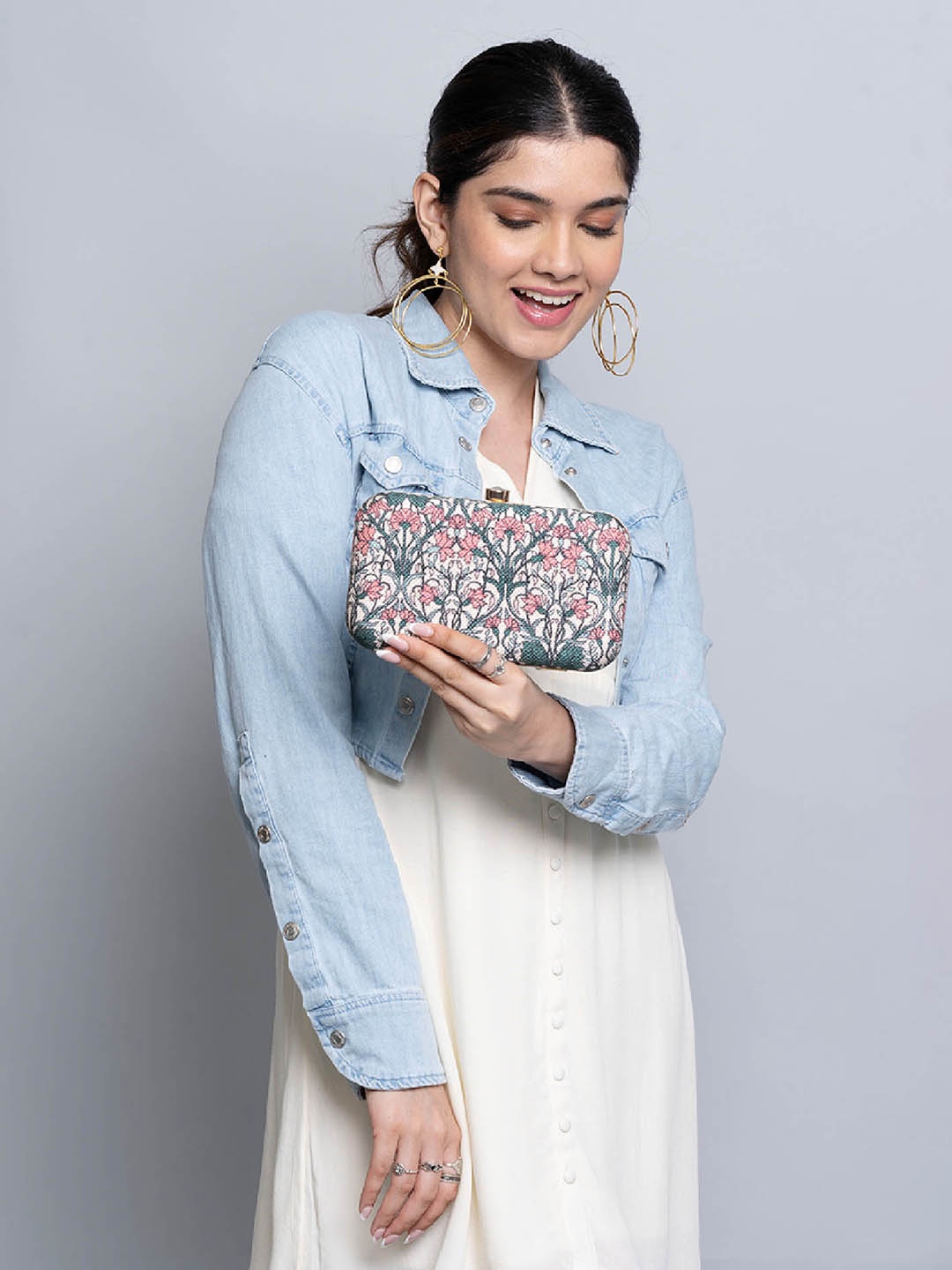 

ZOUK Floral Printed Box Clutch, Cream