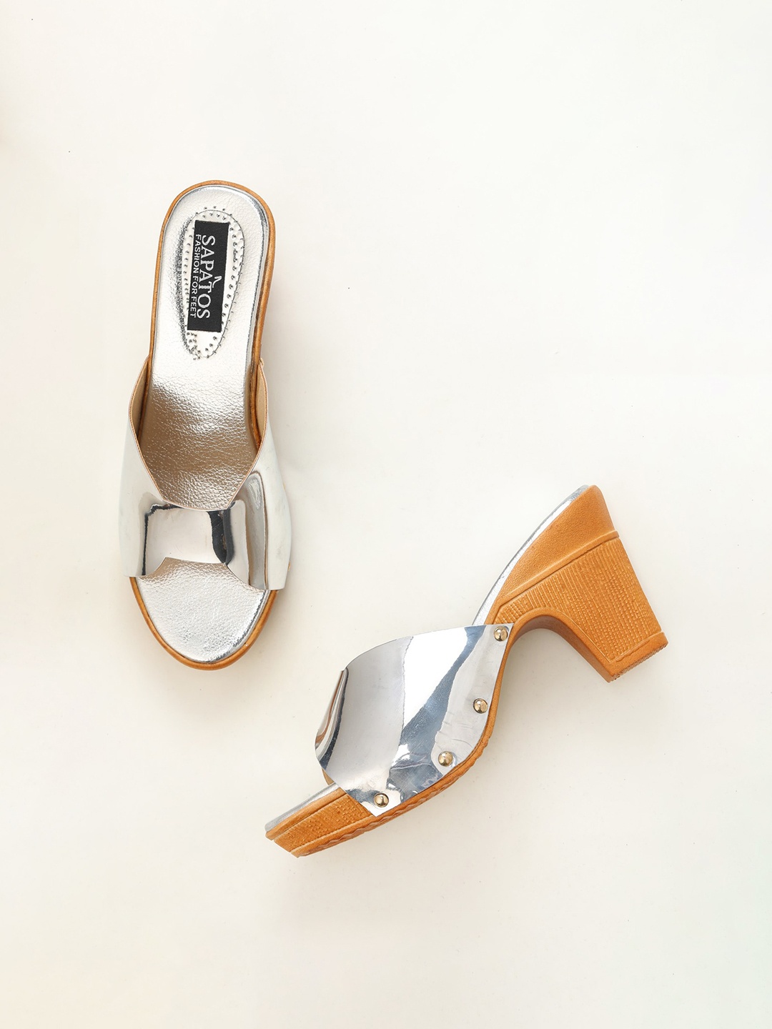 

SAPATOS Women Peep Toe Block Heels, Silver