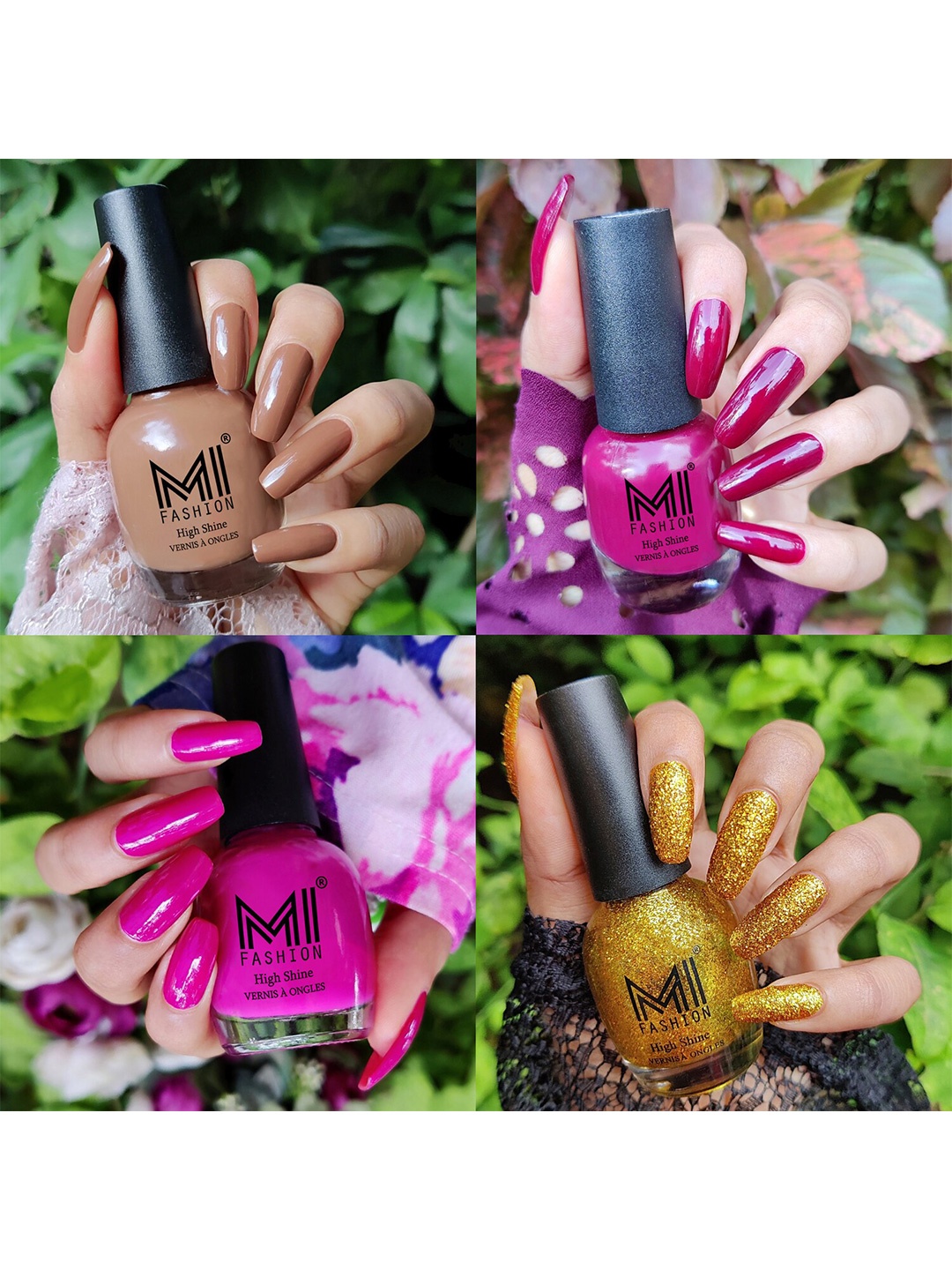 

MI FASHION Set of 4 High Shine Long-Lasting Nail Lacquer 15 ml Each-Dark Nude 22 - Wine 34 - Bright Plum 35 - Golden Gold 86