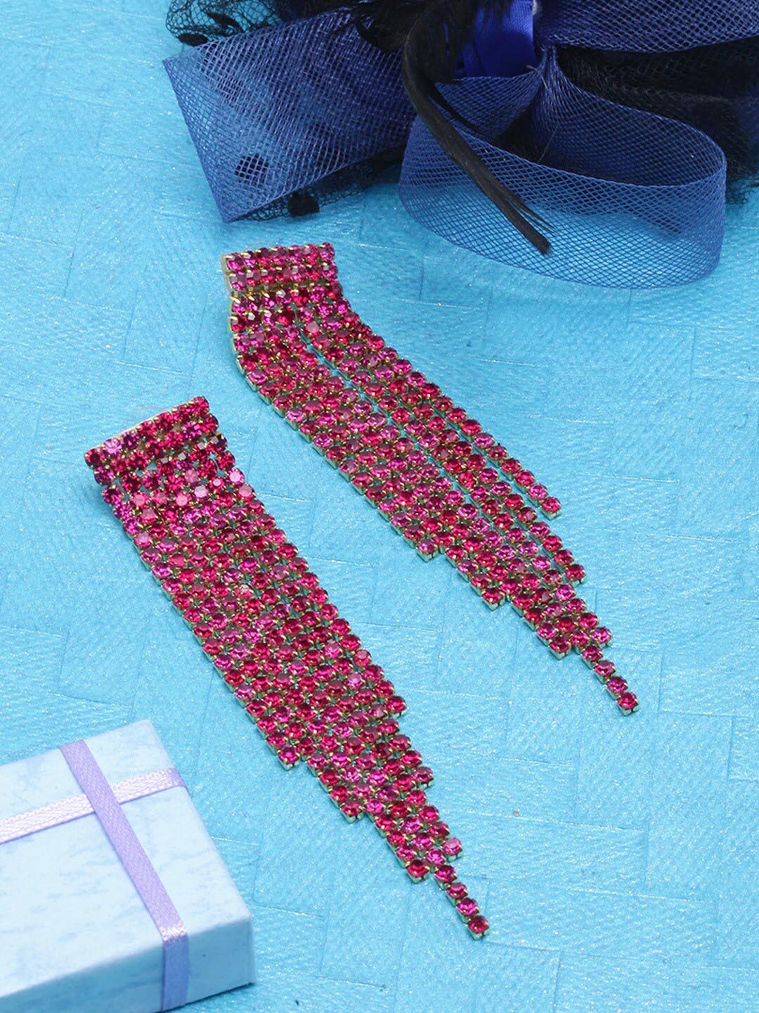 

DressBerry Gold-Plated Contemporary Rhinestone Studded Drop Earrings, Pink