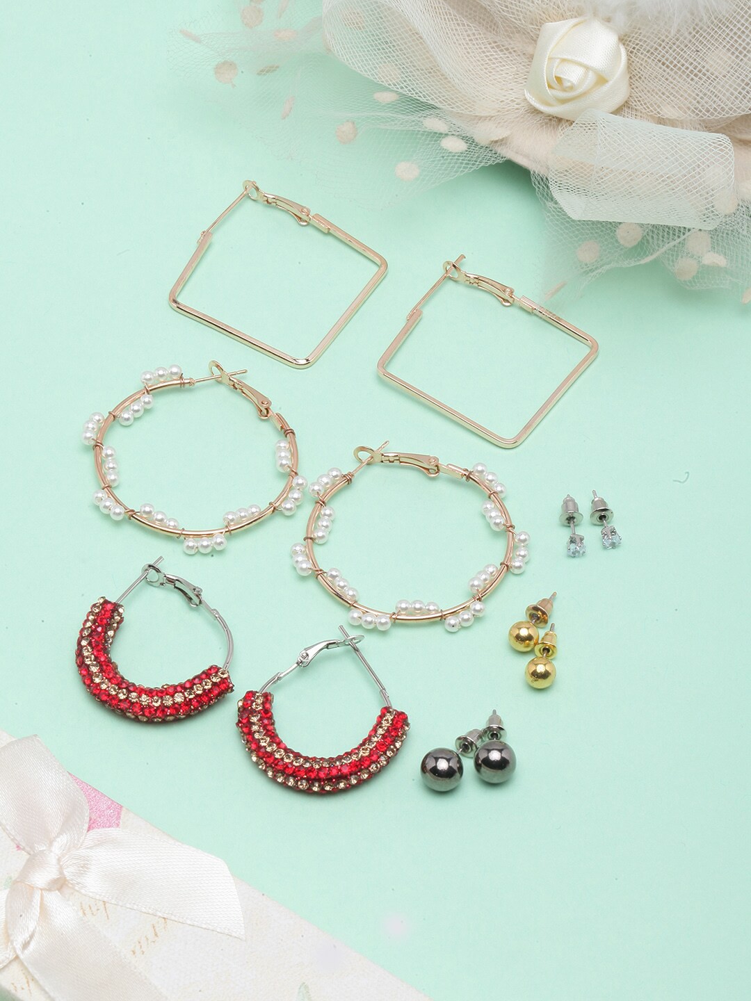 

DressBerry Set Of 6 Gold Plated Contemporary Rhinestone Studded Stud & Hoop Earrings
