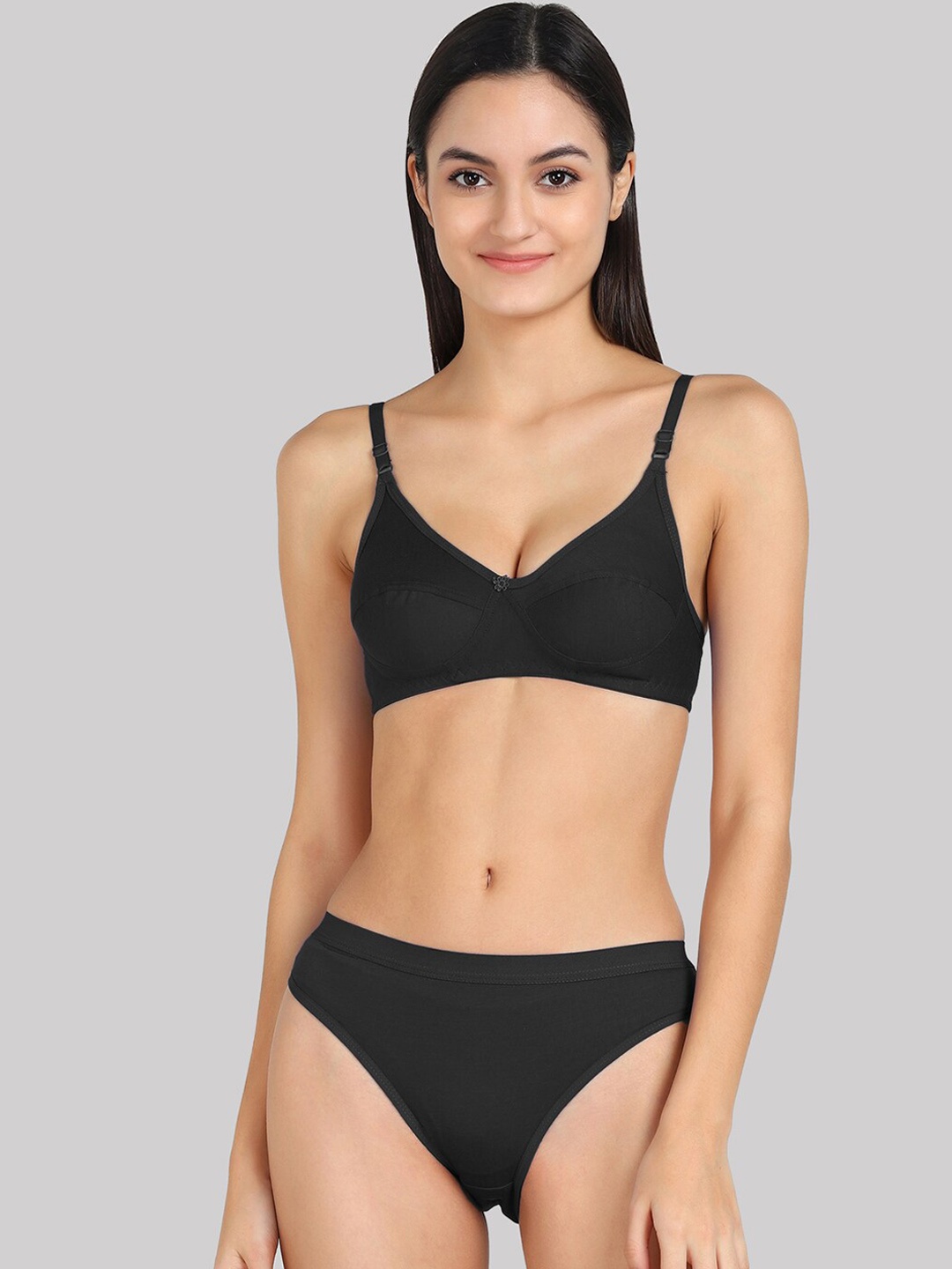 

AROUSY Non Padded Mid Rise Cotton Lingerie Set, Black