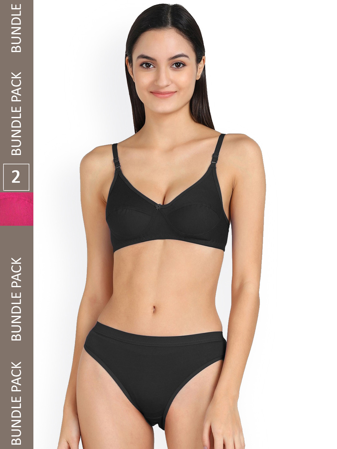 

AROUSY Pack Of 2 Non Padded Non-Wired Cotton Lingerie Set, Black