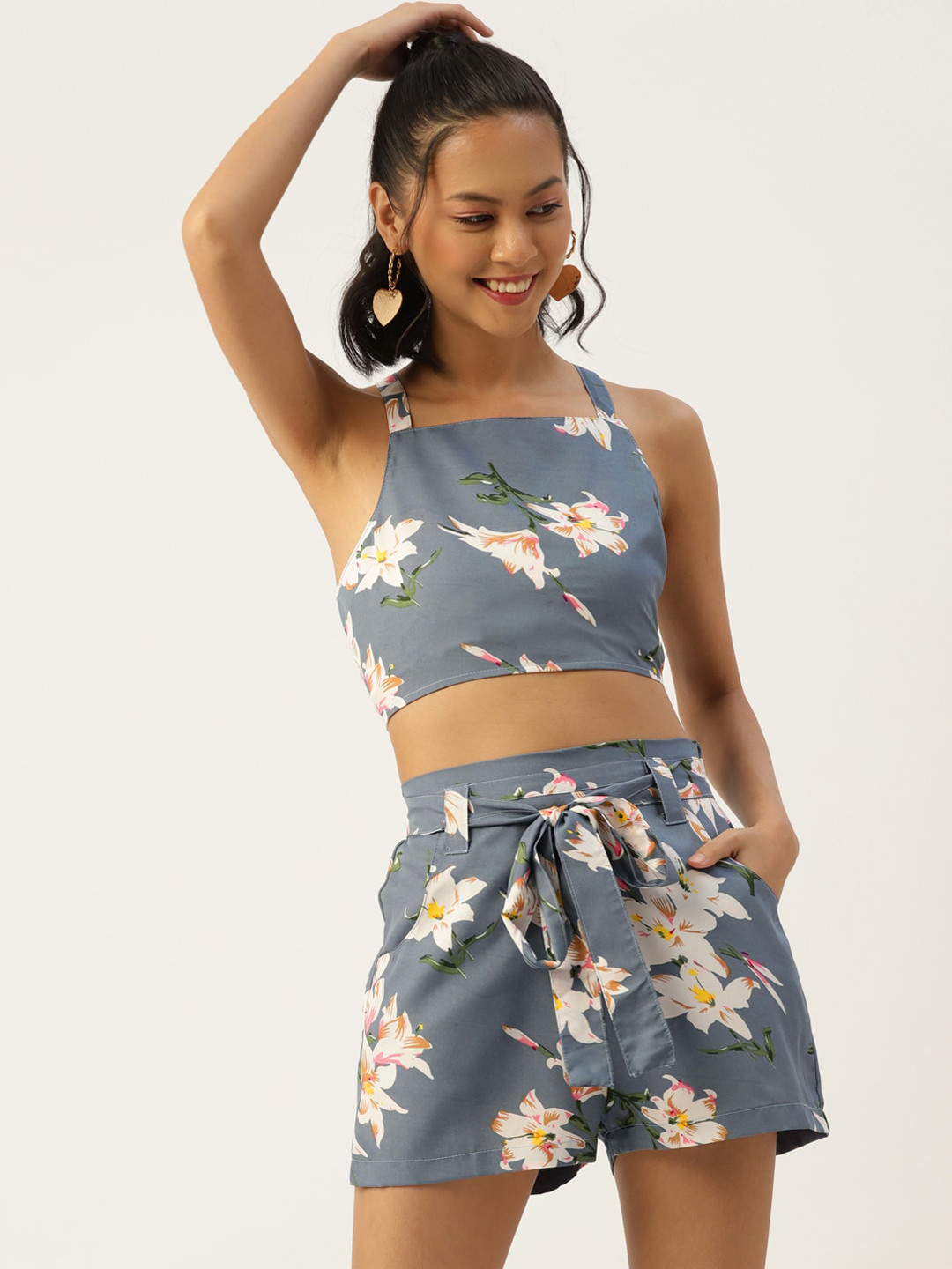 

Sleek Italia Floral Printed Top & Shorts, Grey