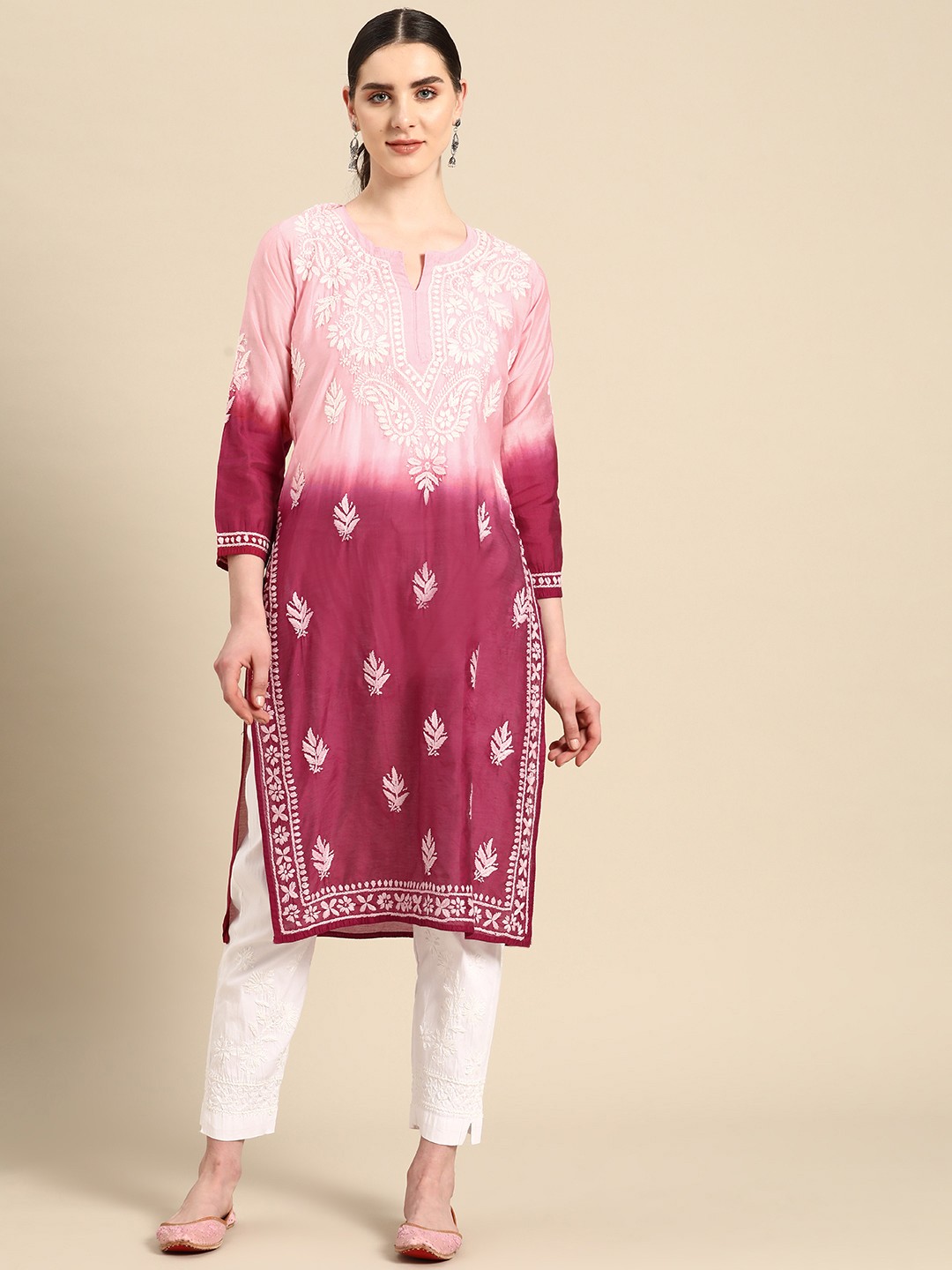 

Saadgi Ombre Ethnic Motifs Embroidered Chikankari Kurta With Trousers, Burgundy