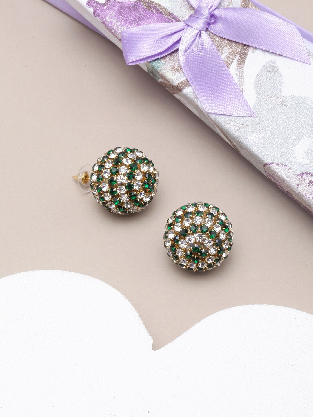 

Awadhi Gold-Plated Contemporary Circular Rhinestone Studs Earrings, Green