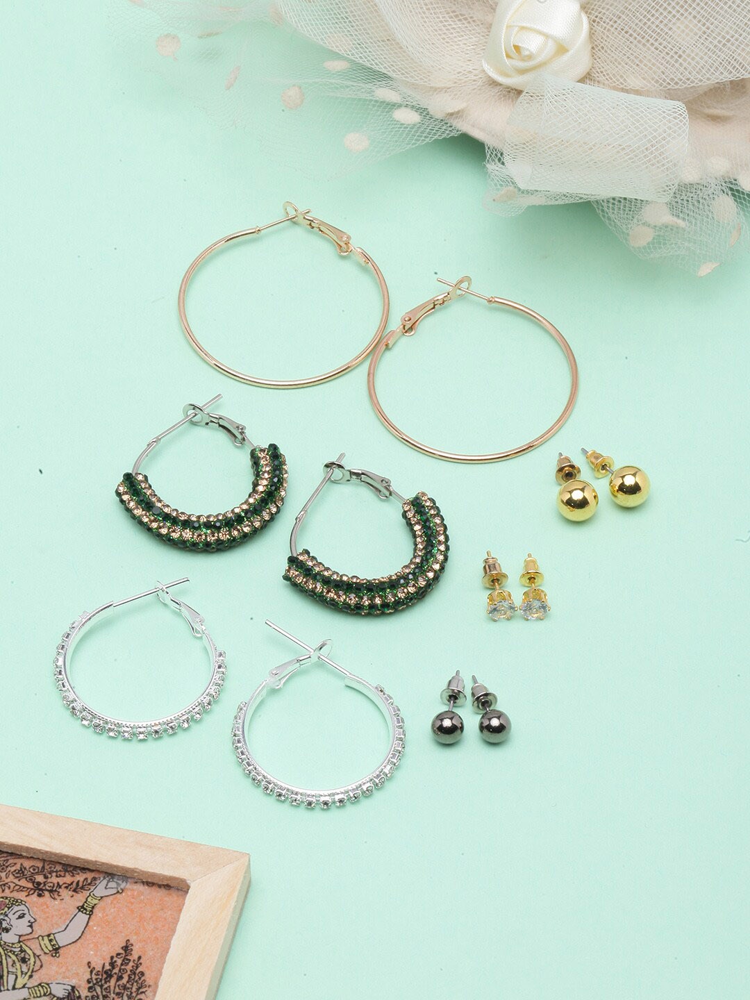 

Awadhi Gold & Silver-Plated Rhinestone Studded Contemporary Hoop Earrings, Green
