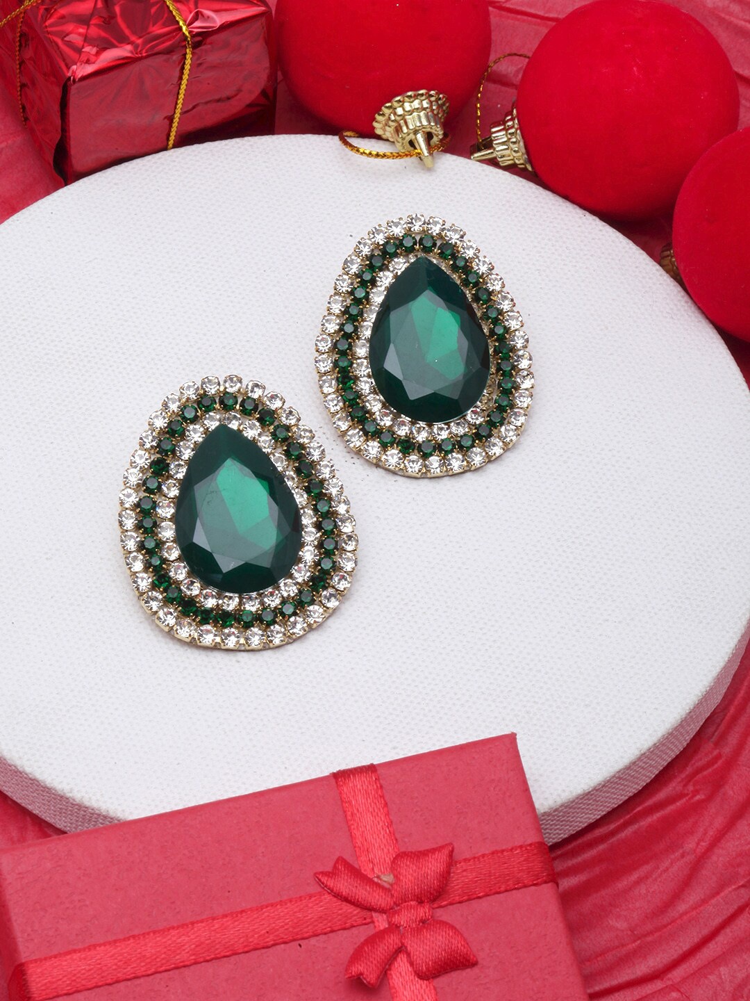 

Awadhi Gold-Plated Rhinestone Studded Teardrop Shaped Studs, Green