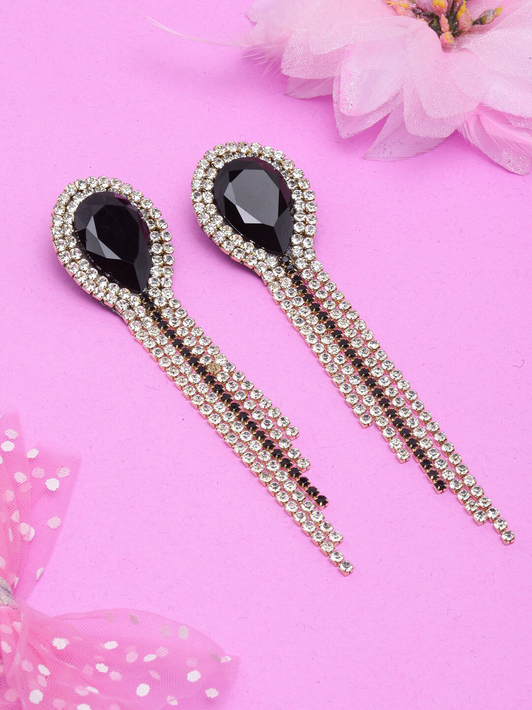 

Awadhi Gold-Plated Rhinestone Tasselled Contemporary Drop Earrings, Black