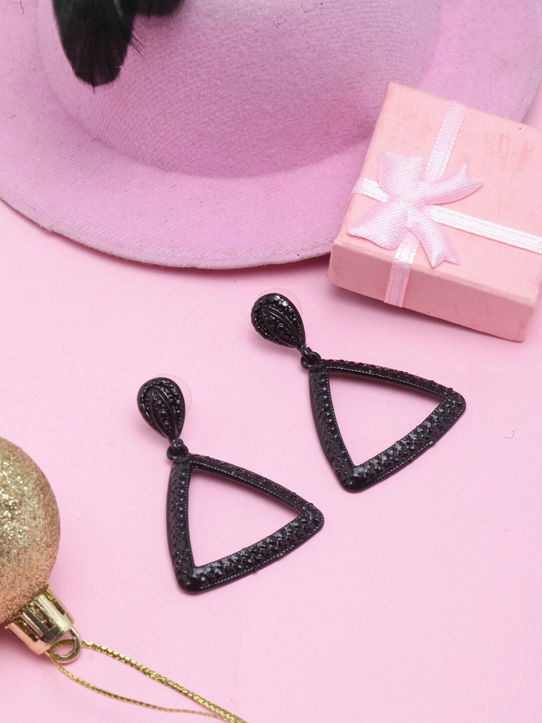 

Awadhi Textured Triangular Drop Earrings, Black