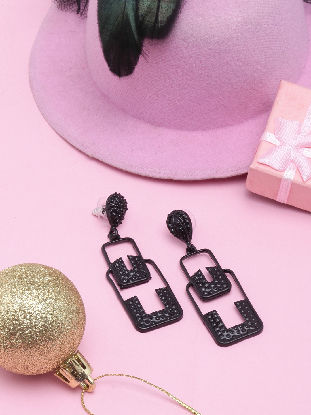 

Awadhi Geometric Brass Drop Earrings, Black