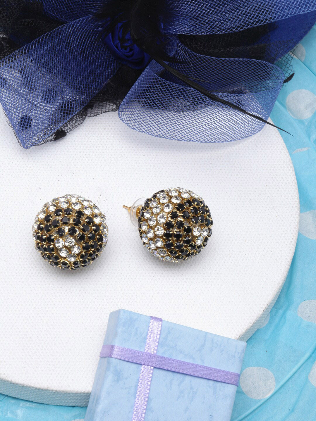 

Awadhi Gold-Plated Circular Rhinestone Studded Studs Earrings, Black