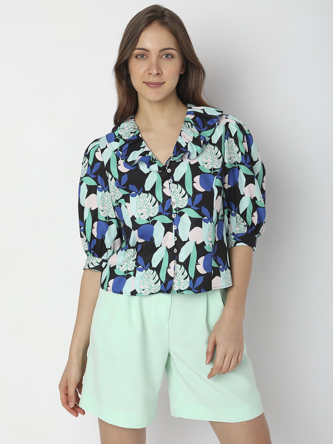 

Vero Moda Puffed Sleeve Floral Printed Casual Shirt, Black