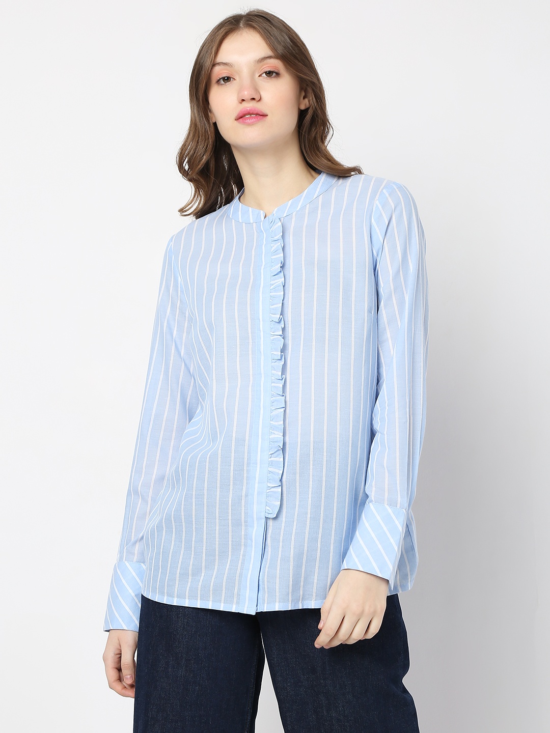 

Vero Moda Vertical Striped Ruffled Cotton Casual Shirt, Blue